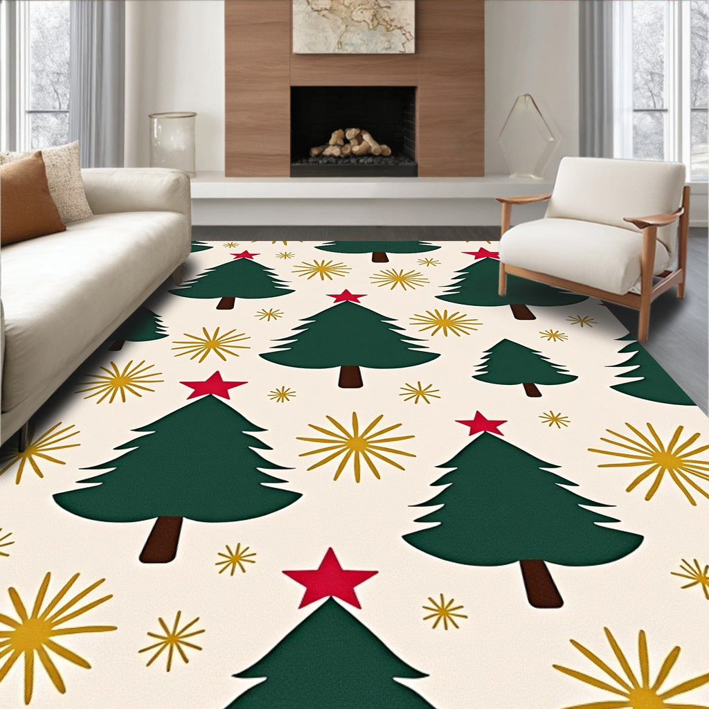 Festive Green Christmas Trees Red Stars Rug
