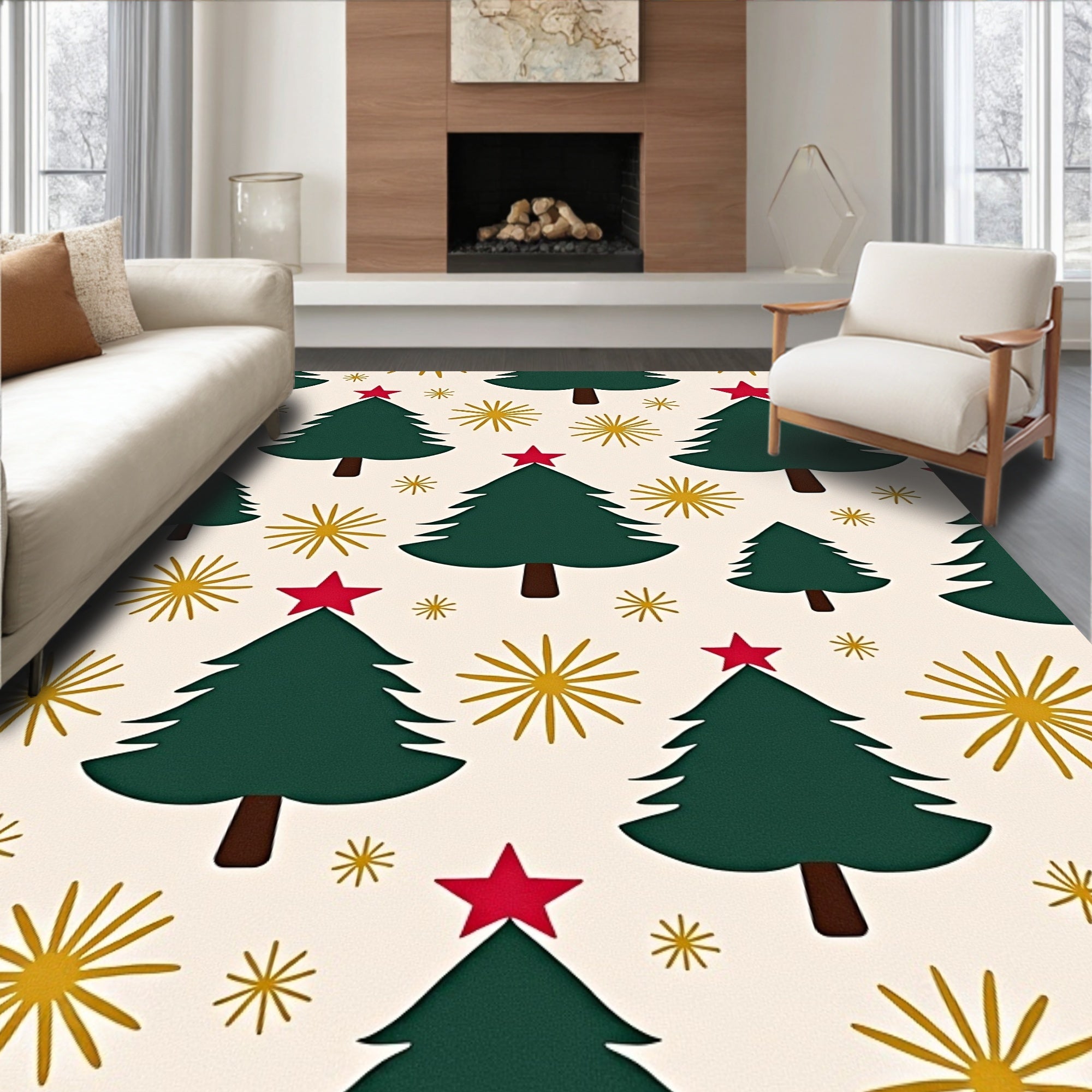 Festive Green Christmas Trees Red Stars Rug