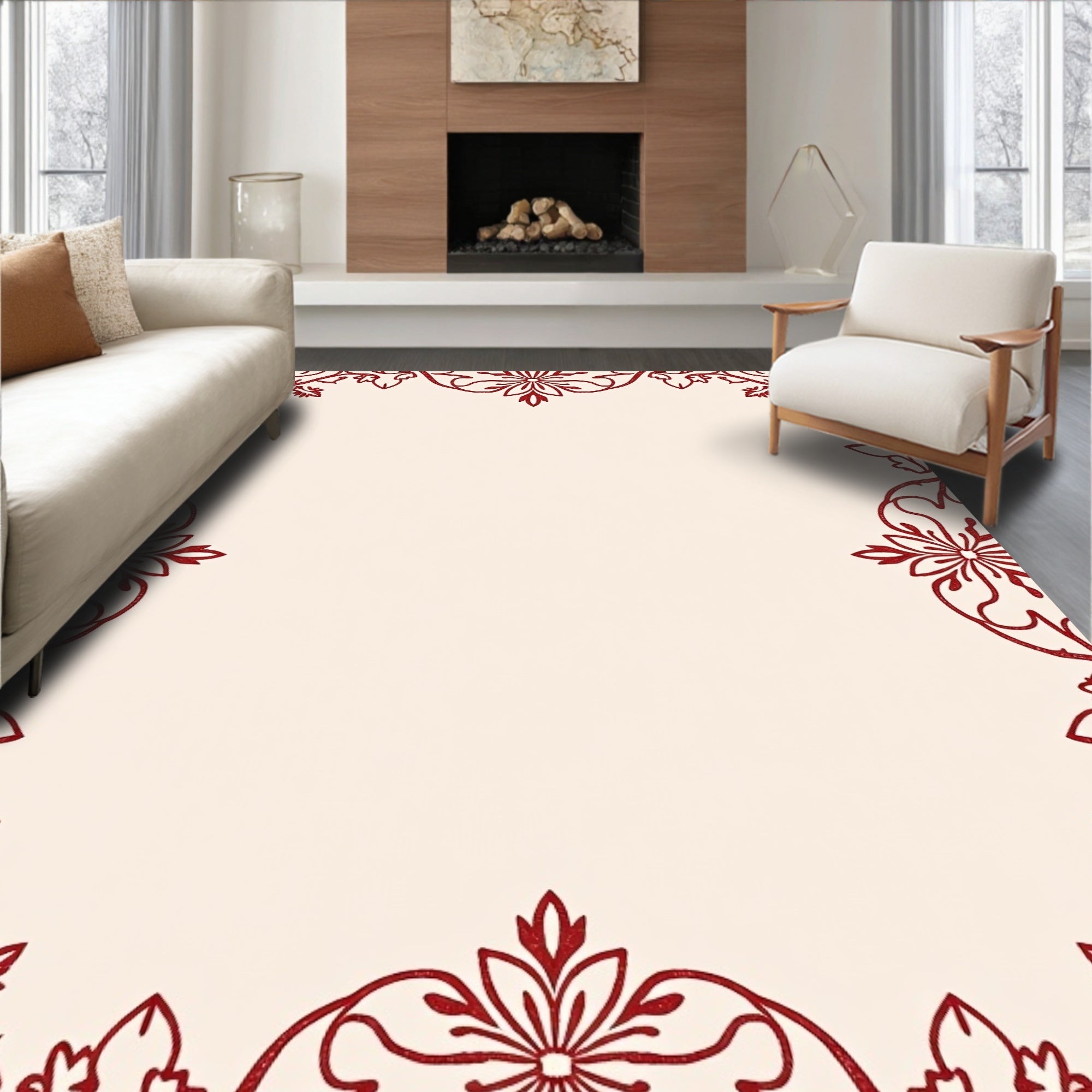 Crimson Floral Border Lace Rug