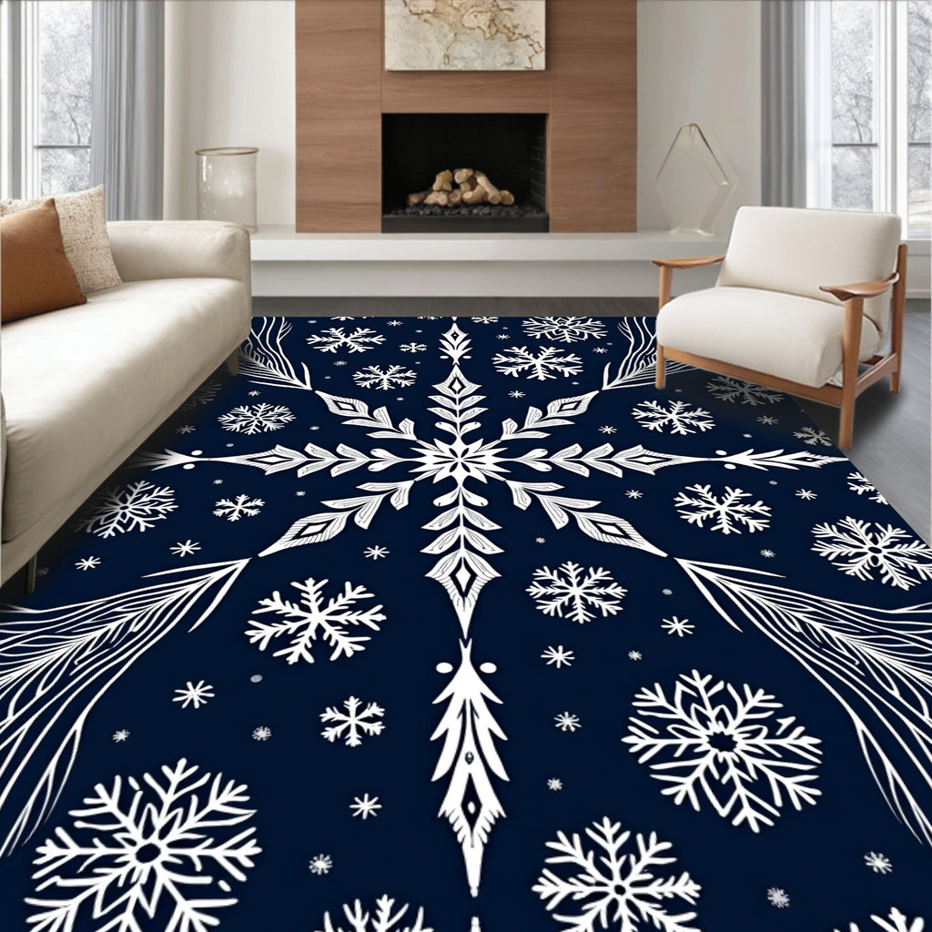 Deep Blue Winter Snowflake Medallion Rug