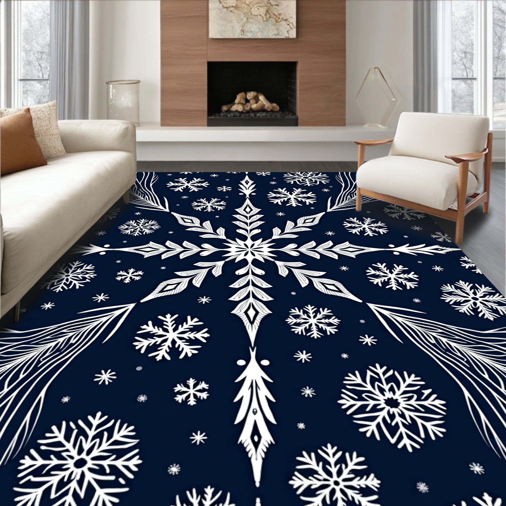 Deep Blue Winter Snowflake Medallion Rug