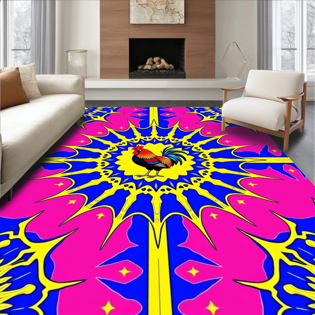 Vibrant Rooster Yellow Blue Pink Medallion Rug
