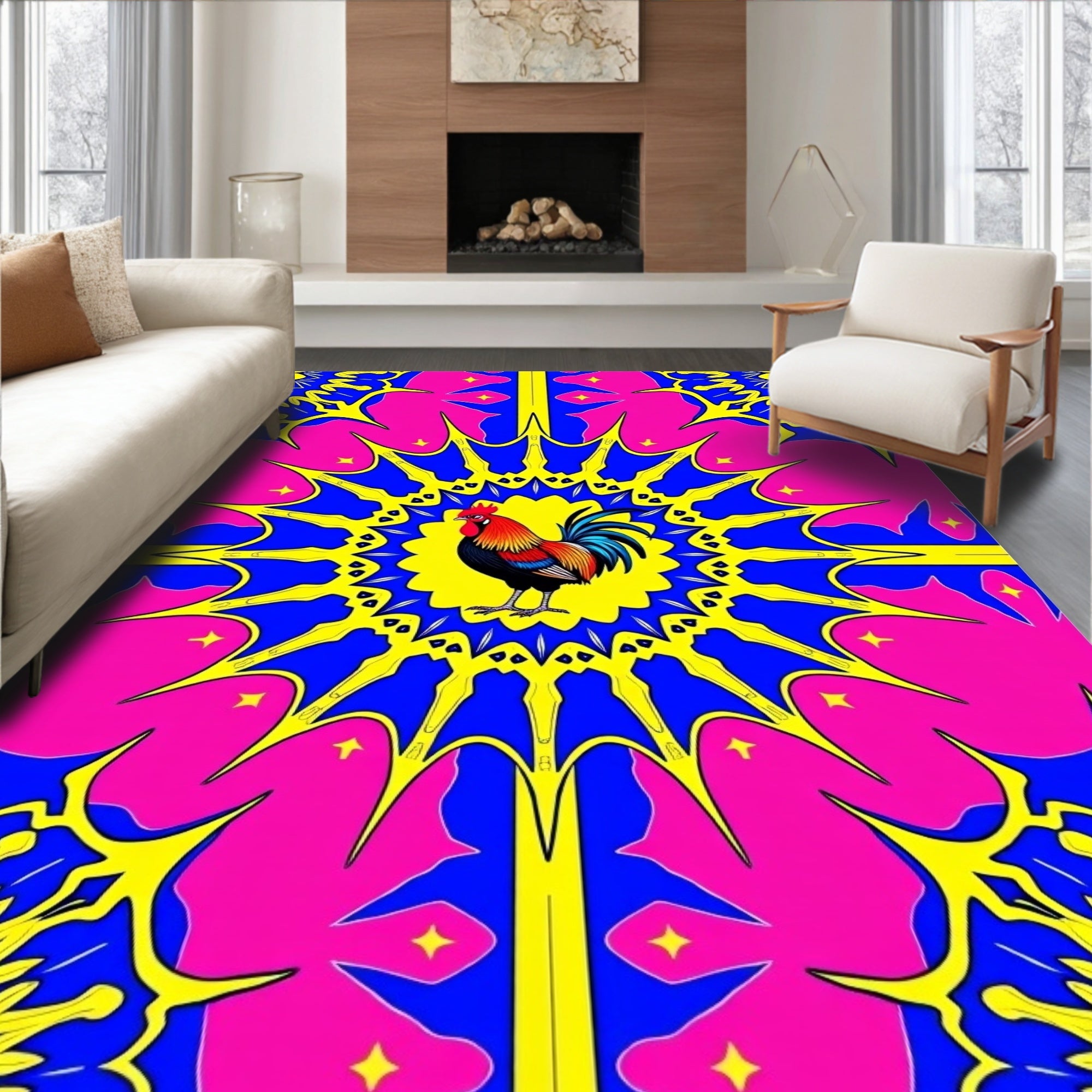 Vibrant Rooster Yellow Blue Pink Medallion Rug
