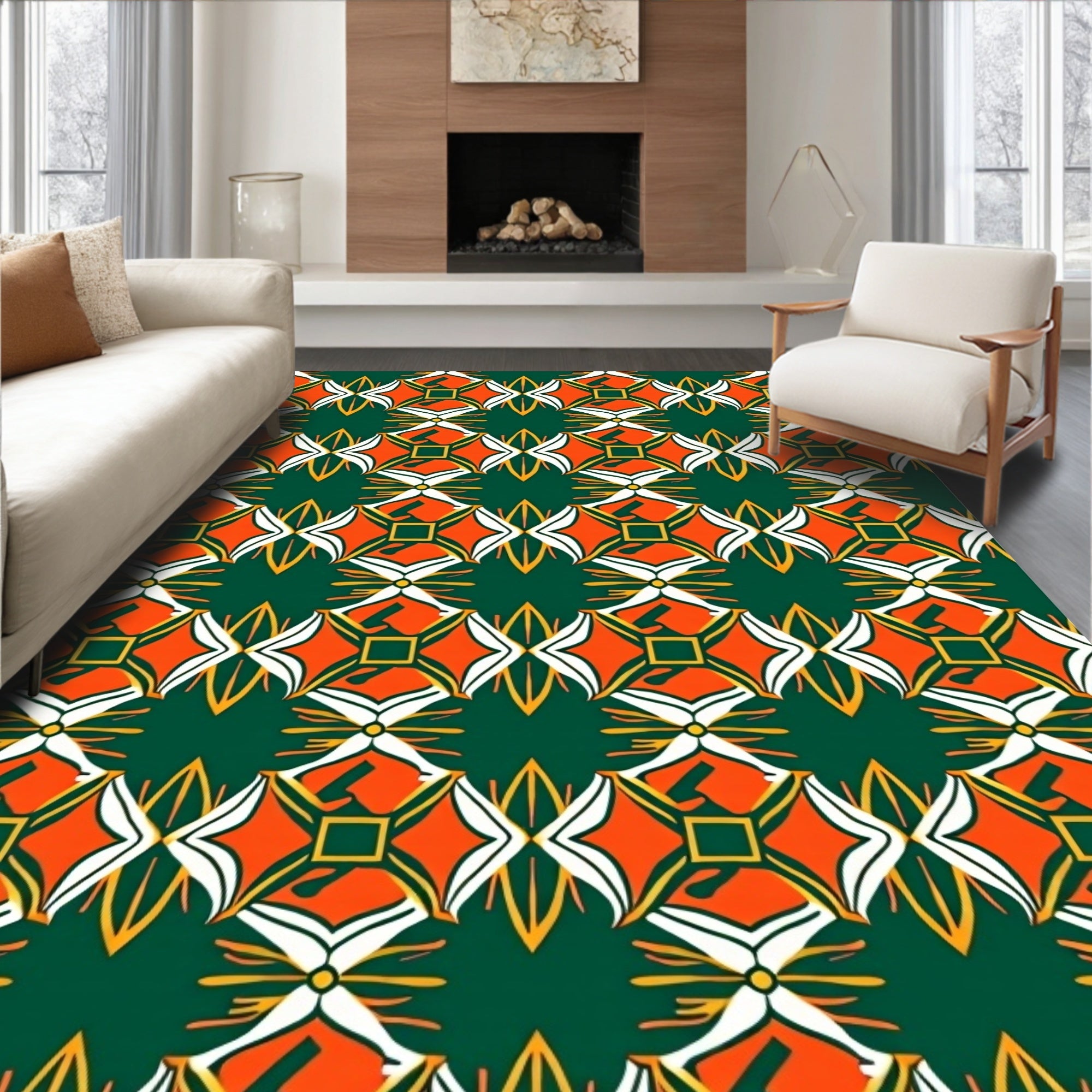 Emerald Orange White Geometric Medallion Rug