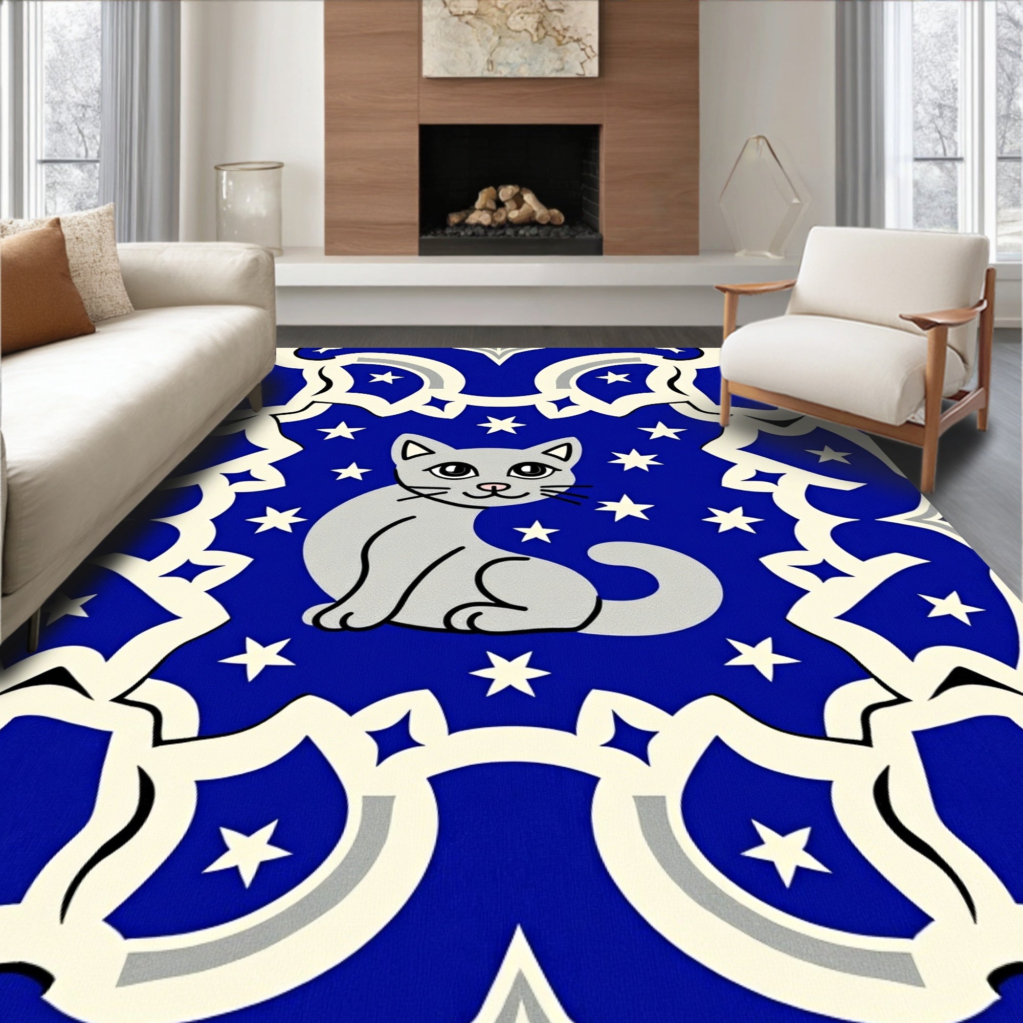 Gray Cat Starry Night Medallion Rug