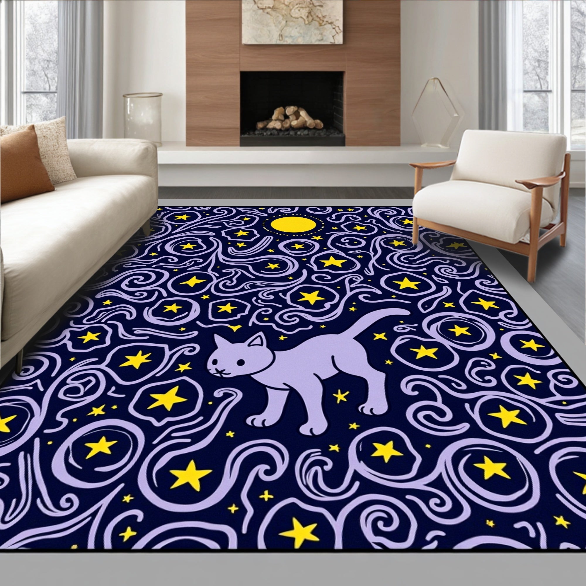 Lavender Cat Under Yellow Moon Stars Rug