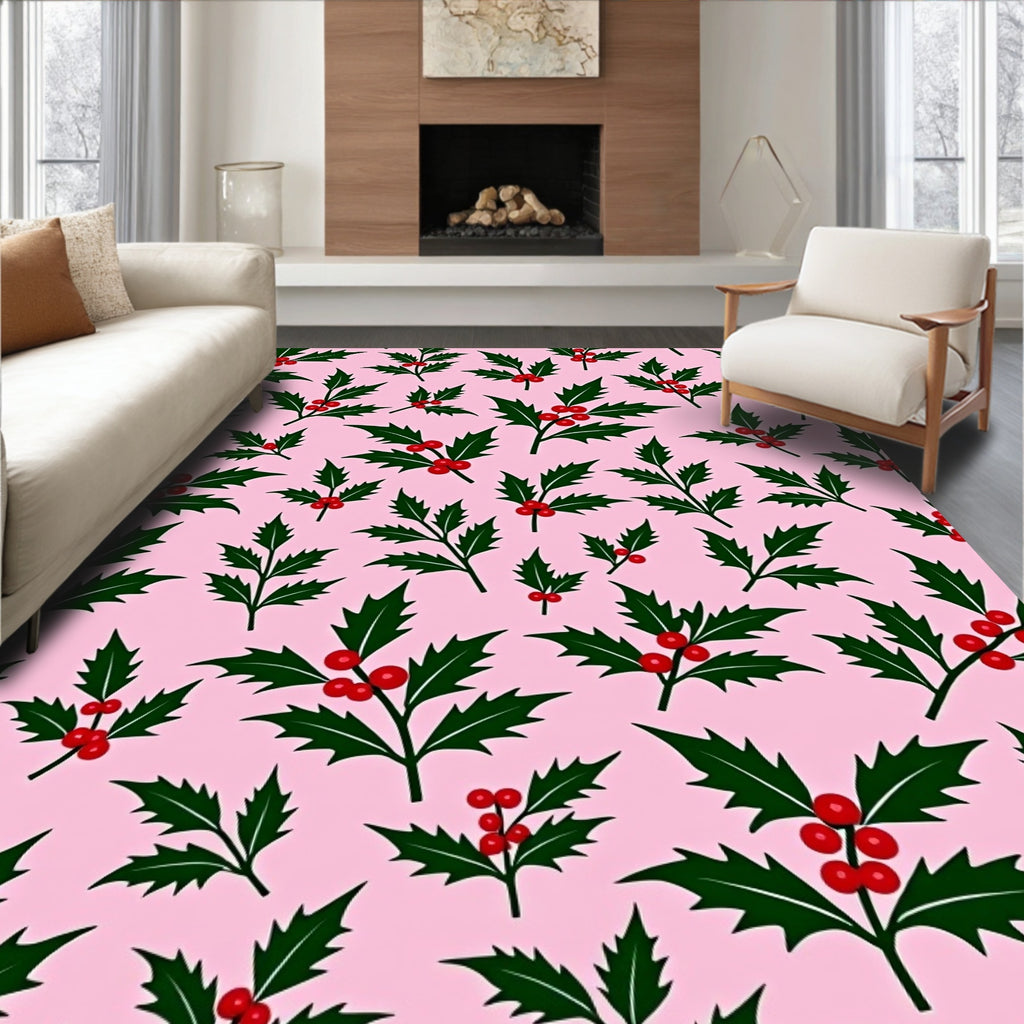 Festive Red Holly Berry Branches Rug
