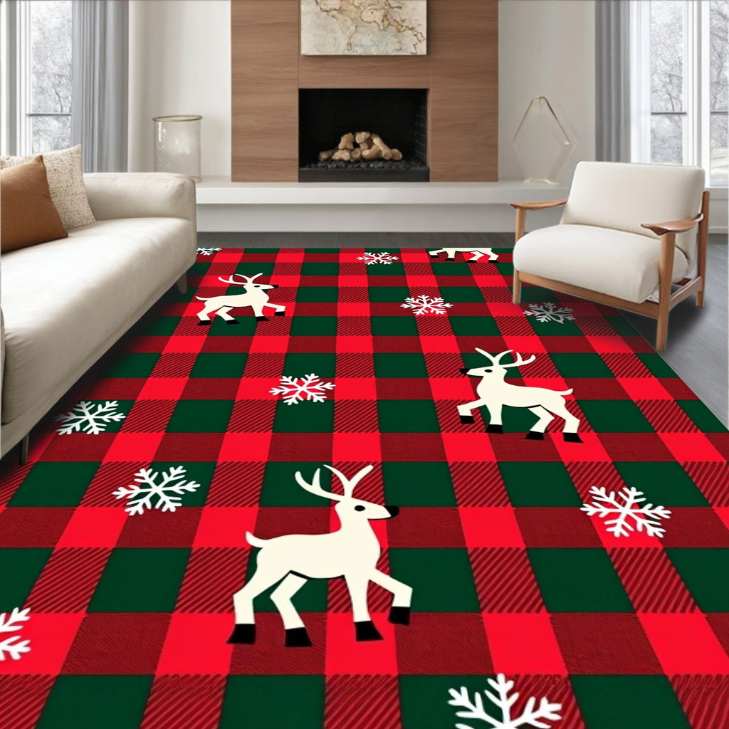Red Green Buffalo Plaid Reindeer Snowflakes Rug