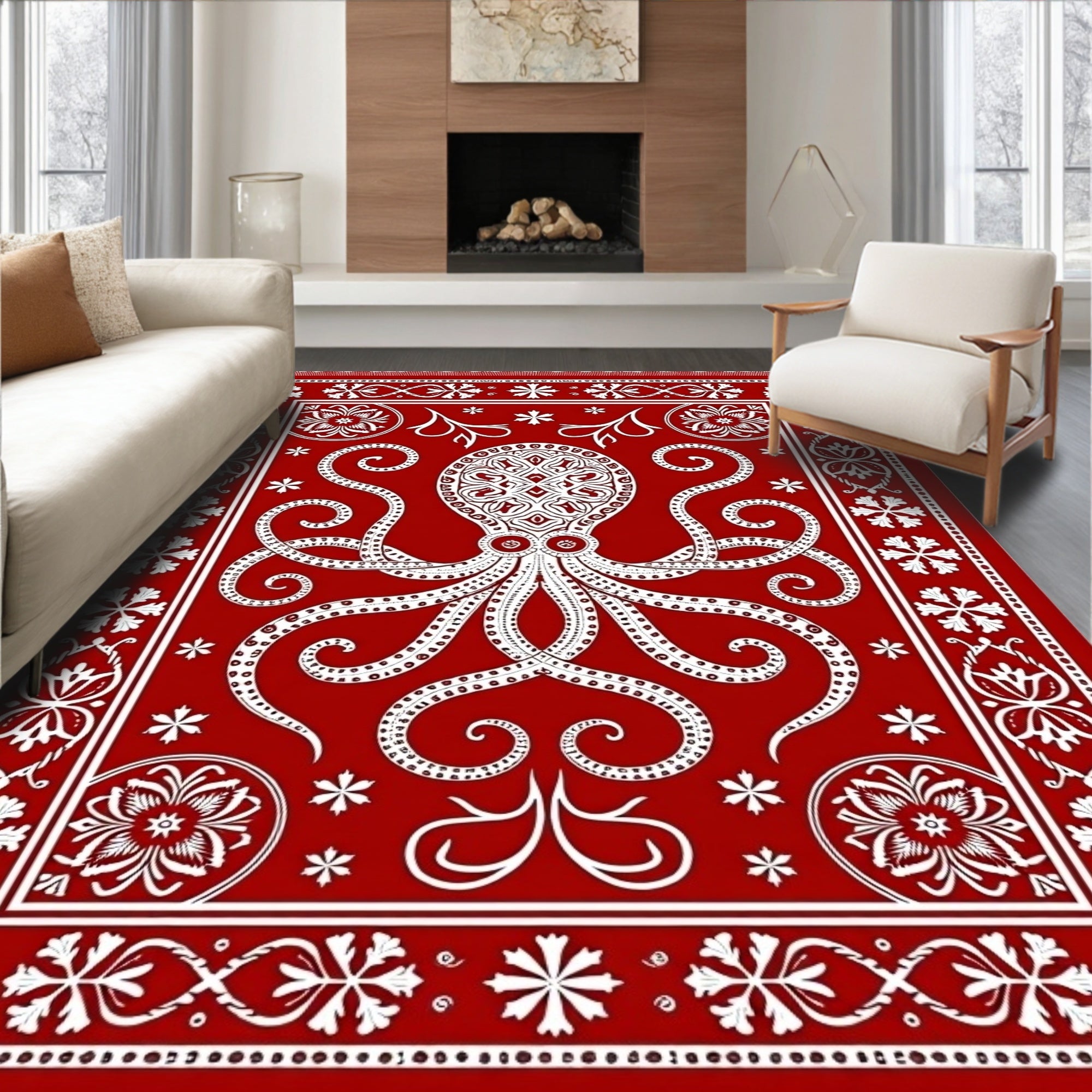 Crimson Octopus Intricate Border Rug