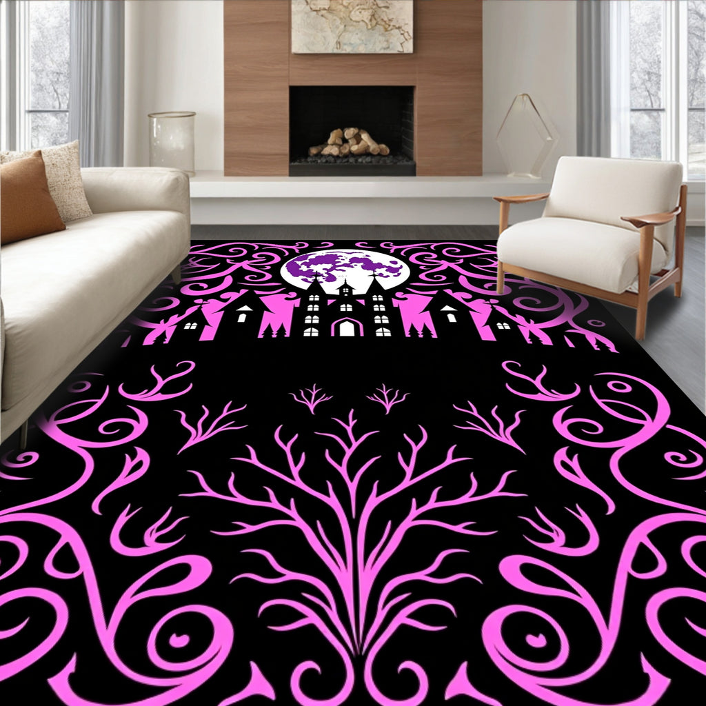 Vibrant Pink Haunted Castle Moon Rug