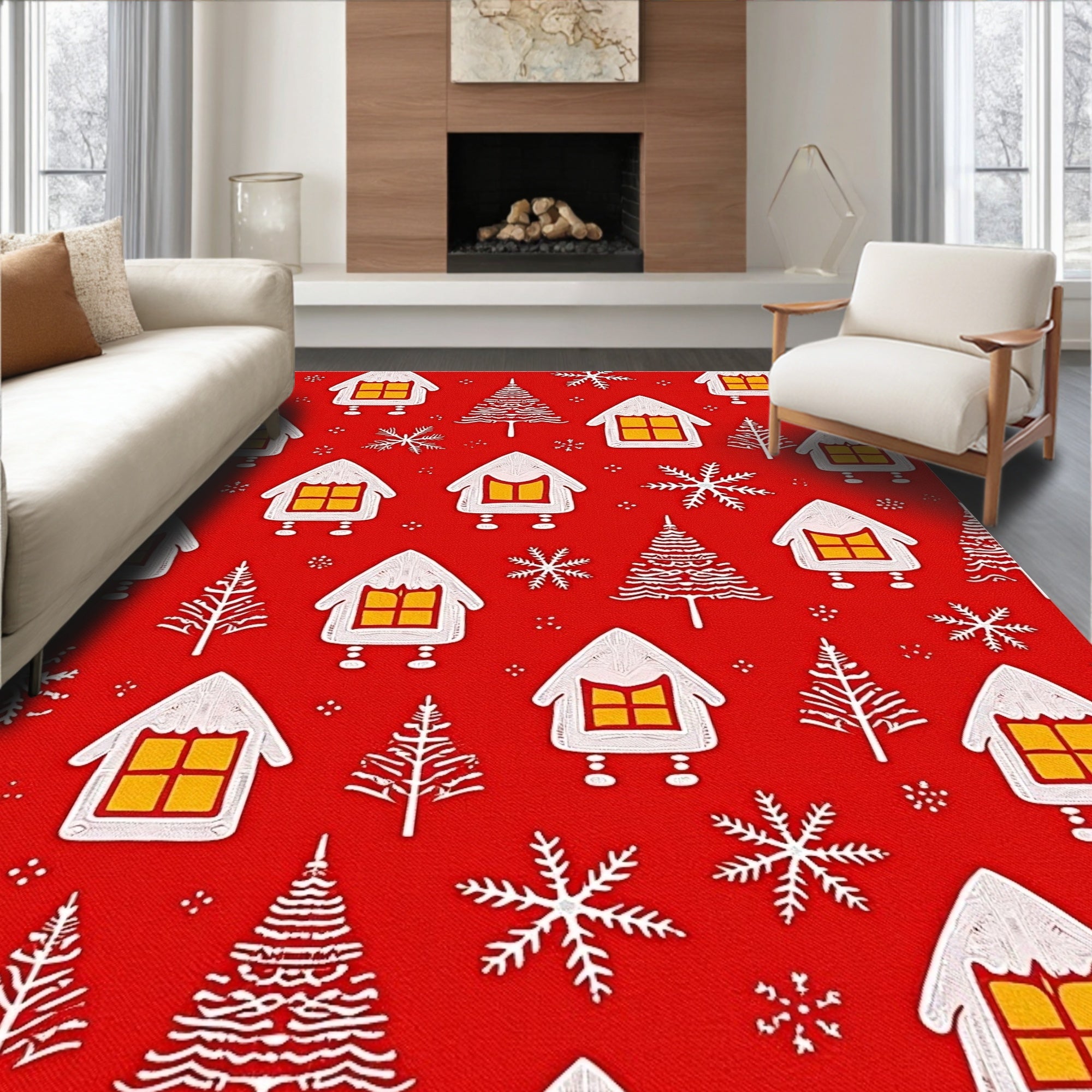 Red Gingerbread Houses and Trees Rug