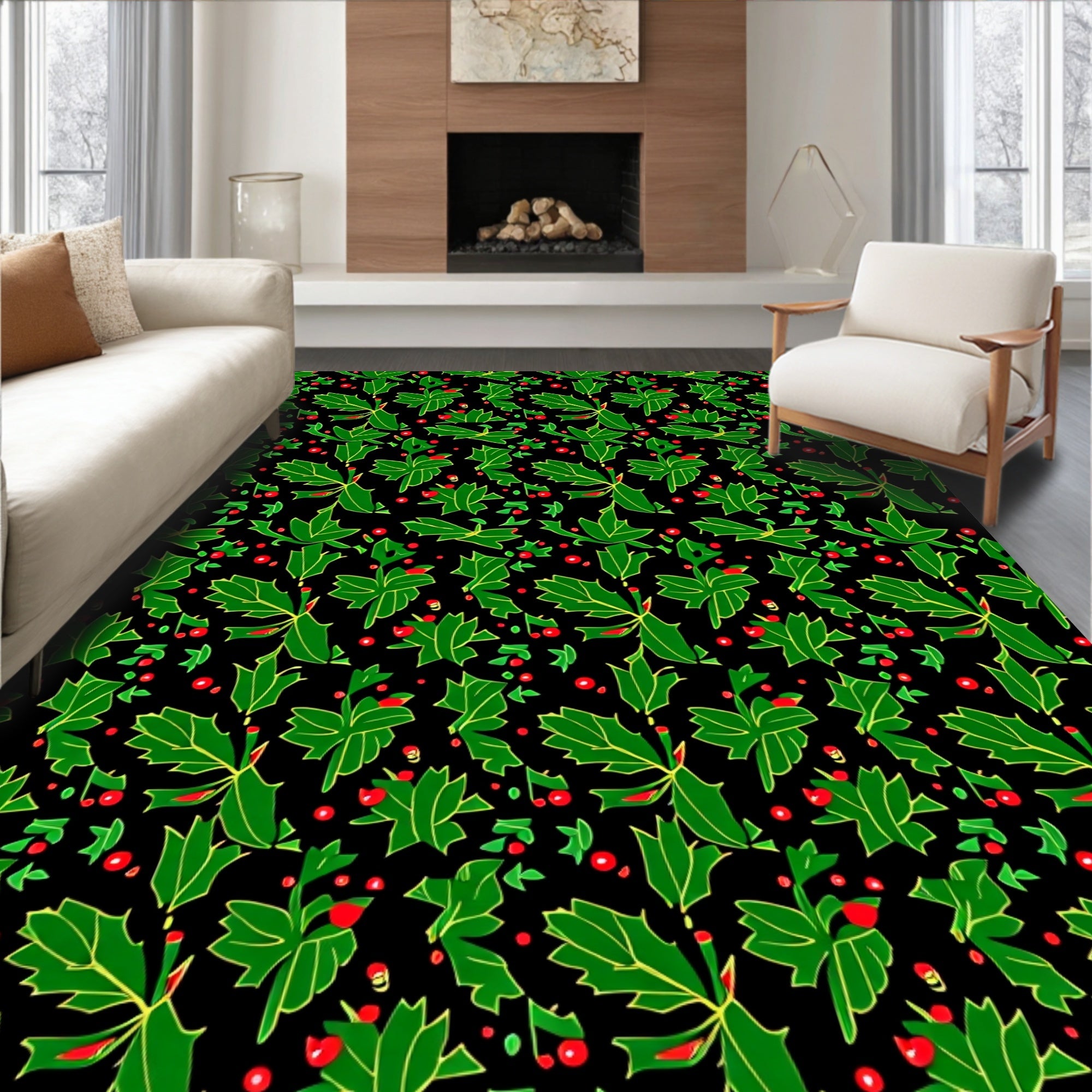 Christmas Holly Berries Repeating Pattern Rug