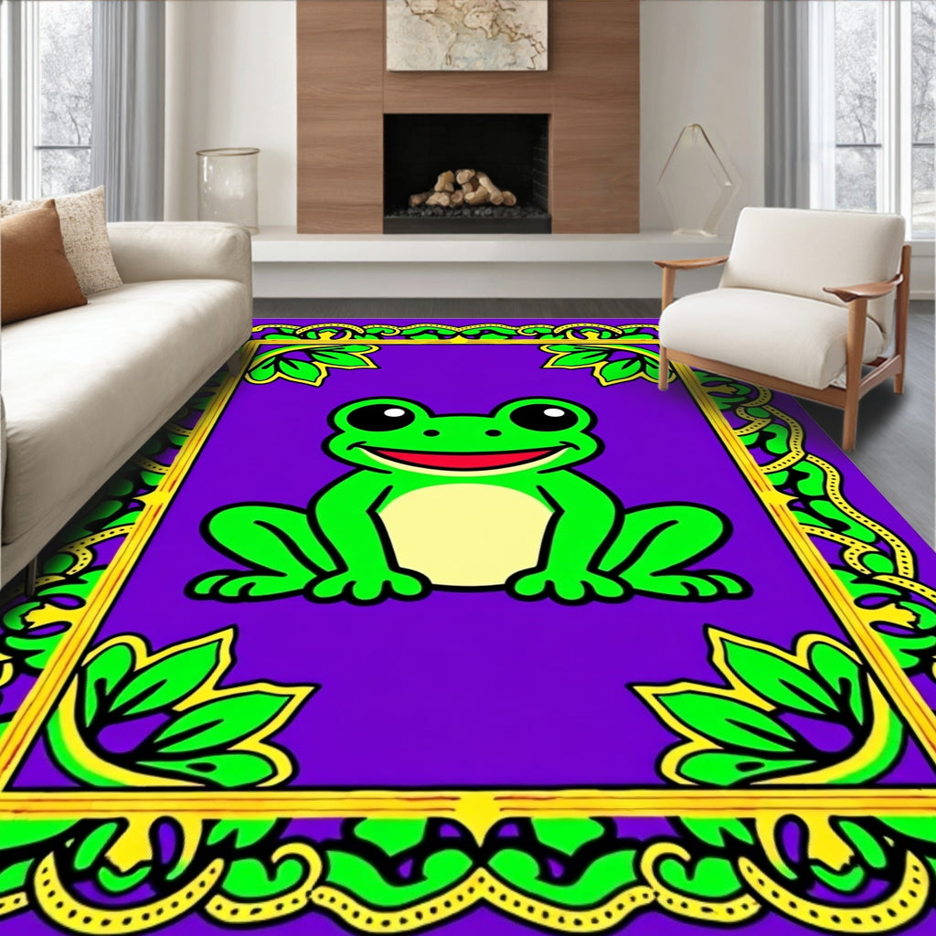Happy Green Frog With Yellow Border Rug