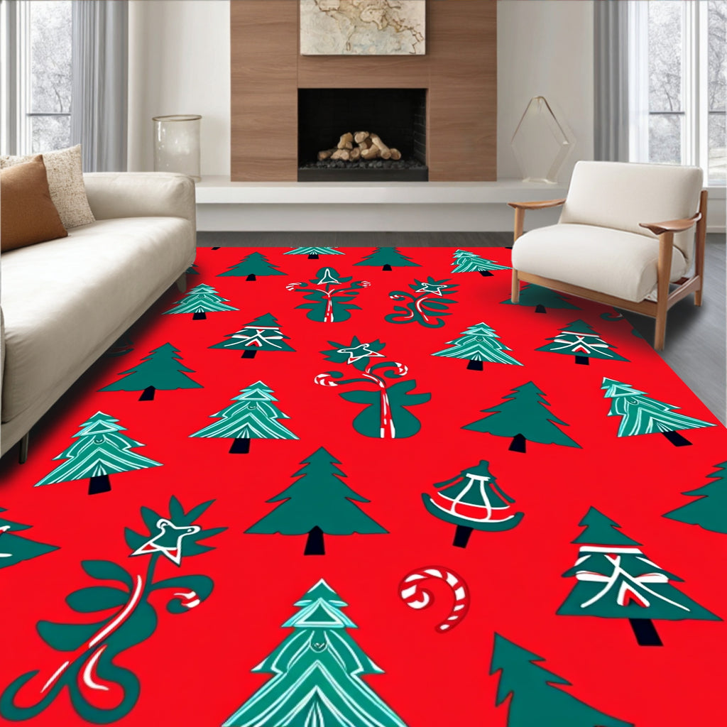 Forest Green Christmas Trees Candy Canes Rug