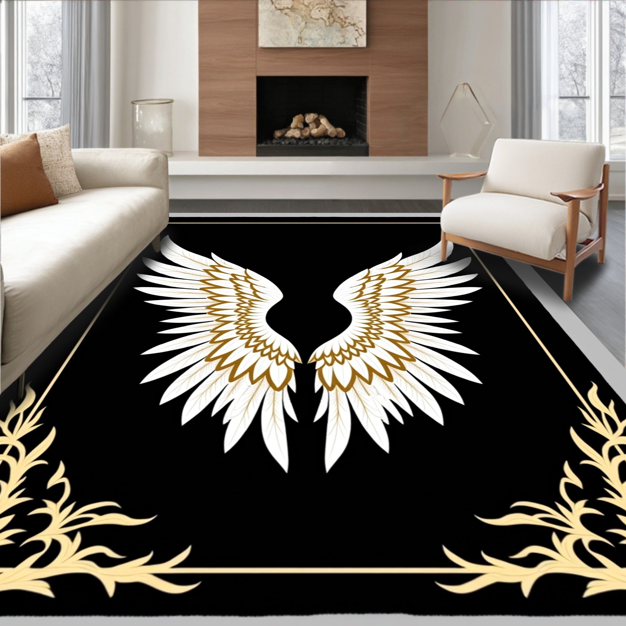 Elegant White Gold Wings Black Accent Rug