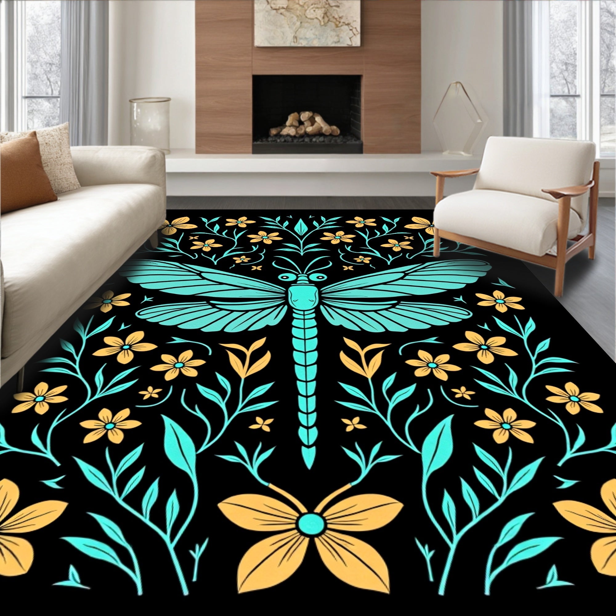 Turquoise Dragonfly Floral Garden Art Rug