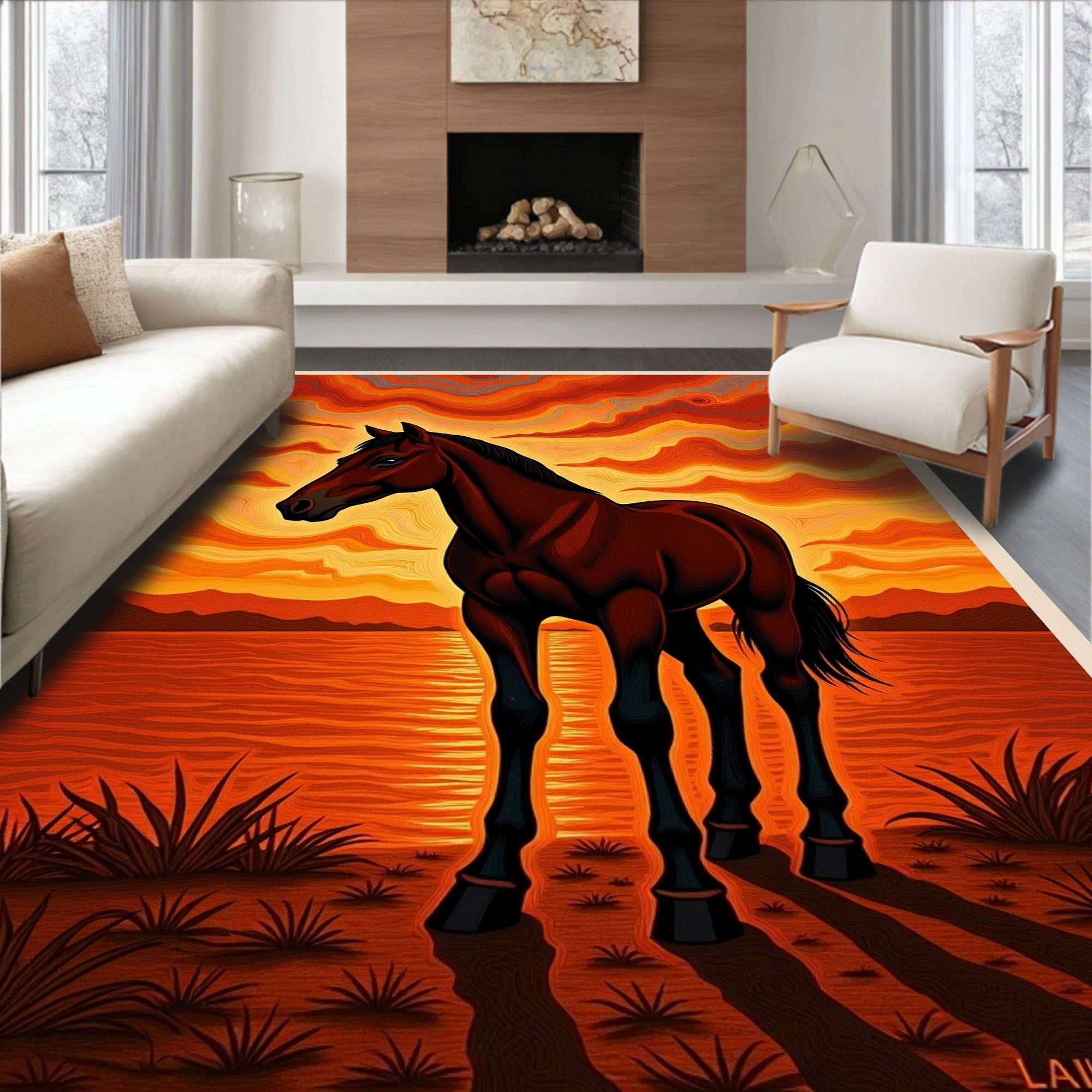 Crimson Horse Sunset Lake Vista Rug