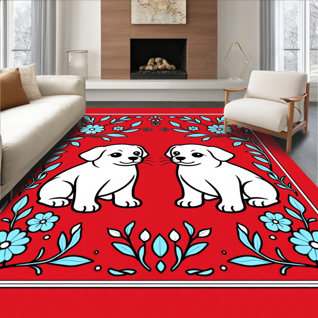 Red Blue Floral Twin Puppy Rug