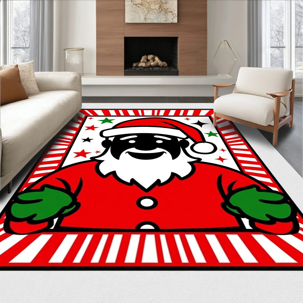 Festive Santa Claus Red Green Stars Rug
