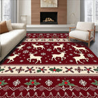 Burgundy Reindeer Snowflake Holly Border Rug