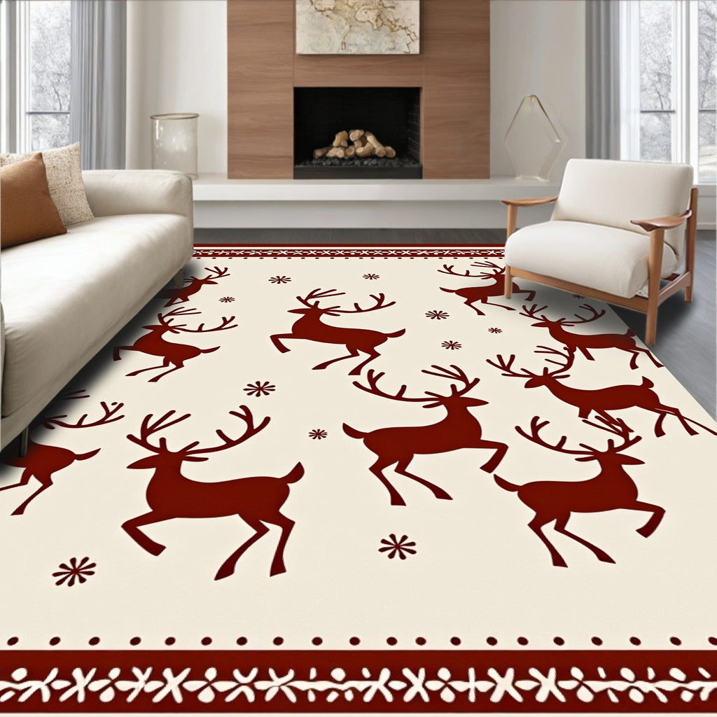 Crimson Deer Snowflakes Border Rug
