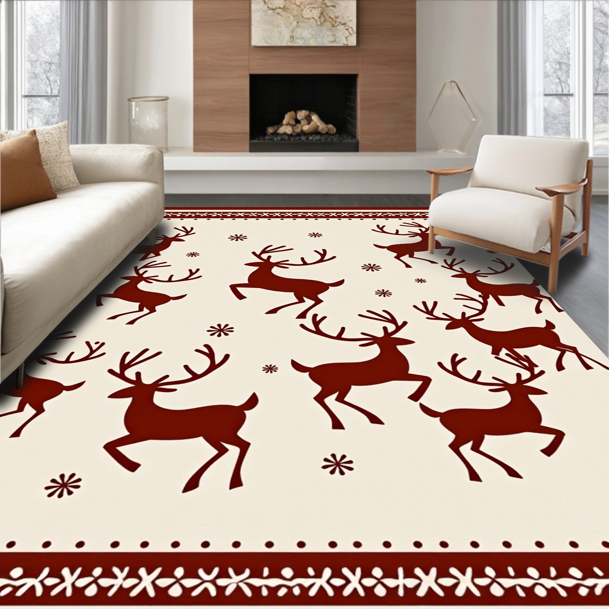Crimson Deer Snowflakes Border Rug