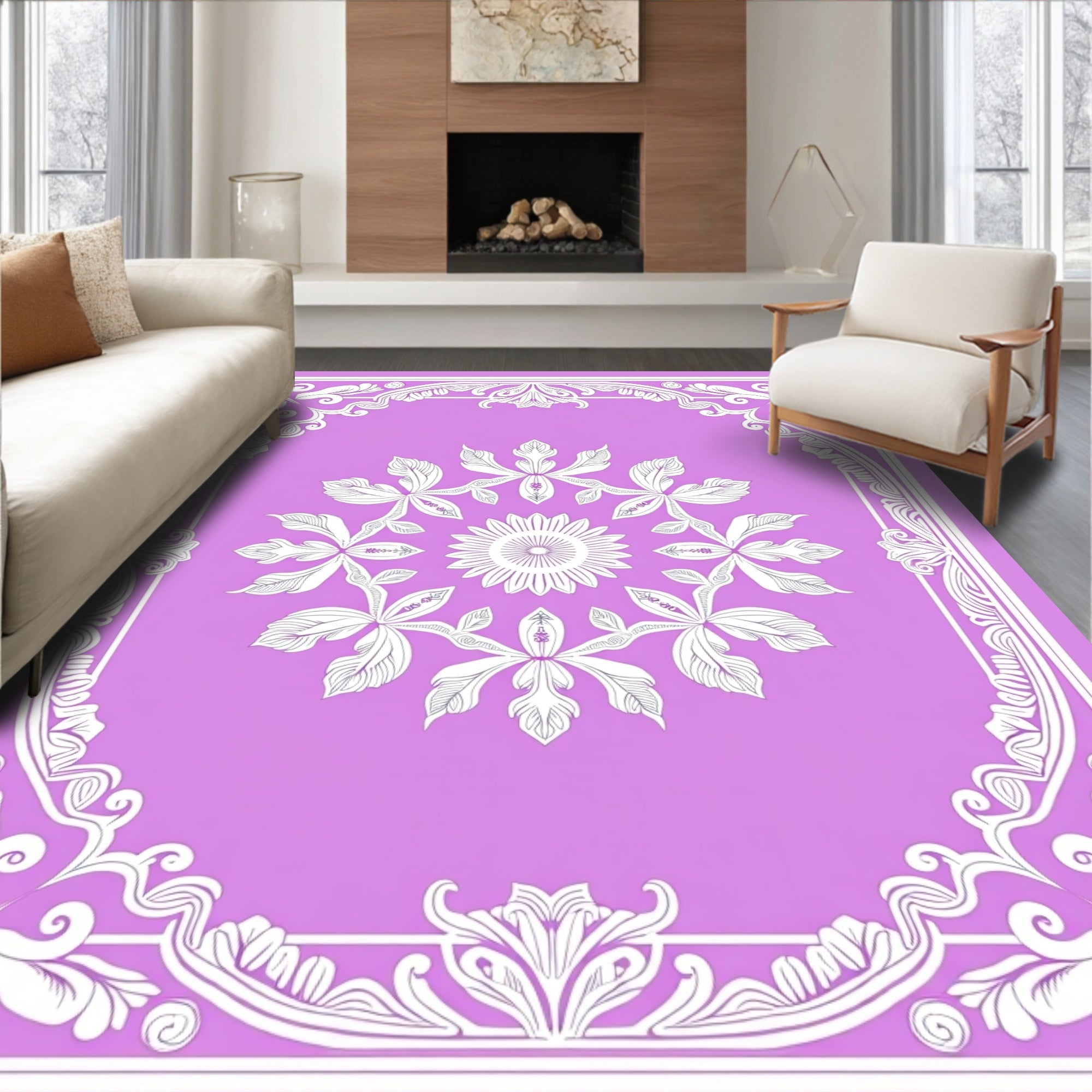 Ornate Lilac Floral Medallion Frame Rug