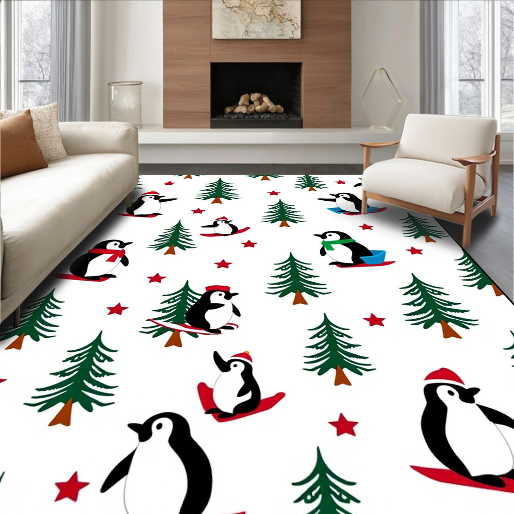 Whimsical Penguin Sledding Christmas Trees Rug