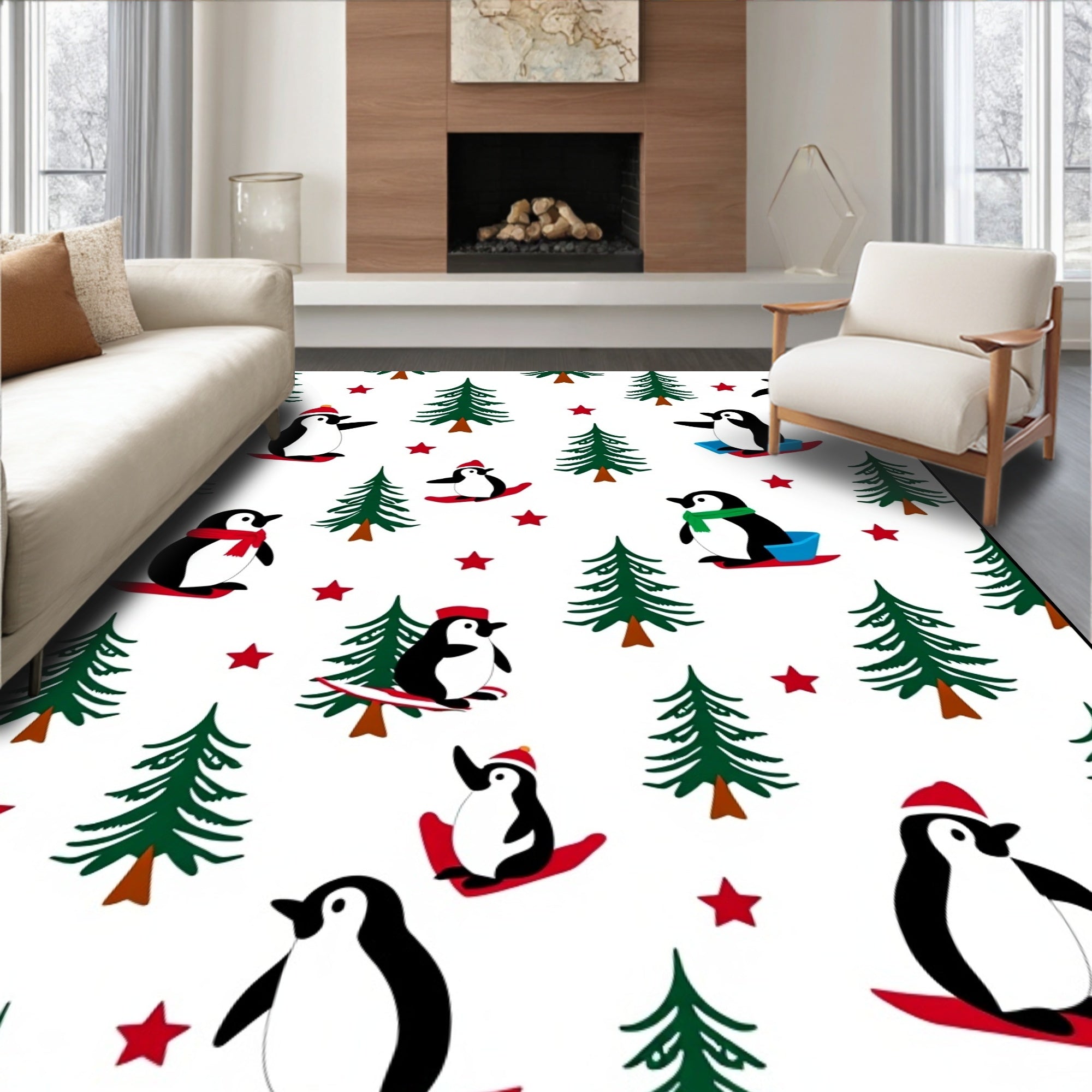 Whimsical Penguin Sledding Christmas Trees Rug