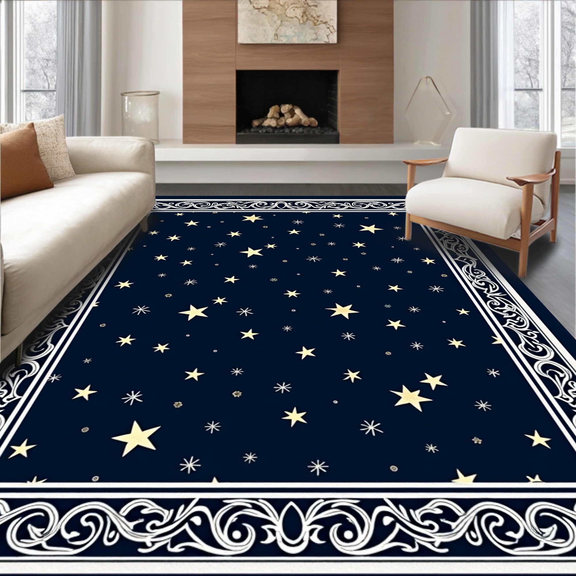 Navy Golden Starry Night Border Rug