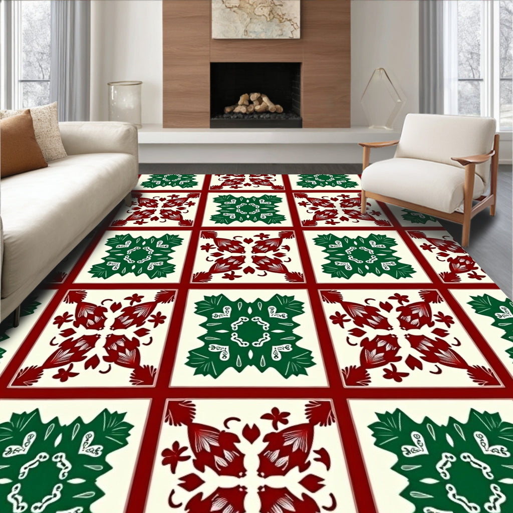 Crimson Green Floral Squares Rug