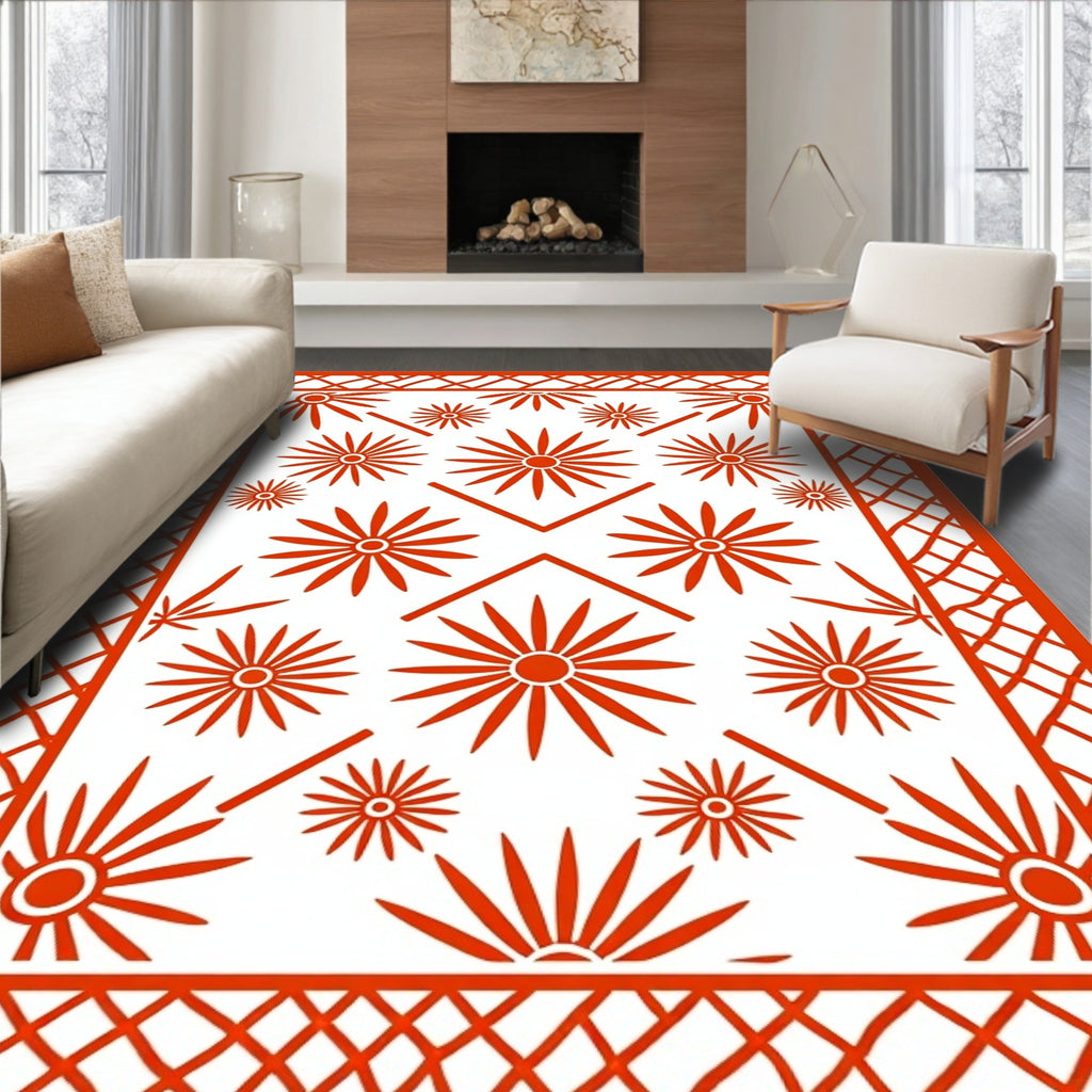 Red Sunburst Floral Diamond Border Rug