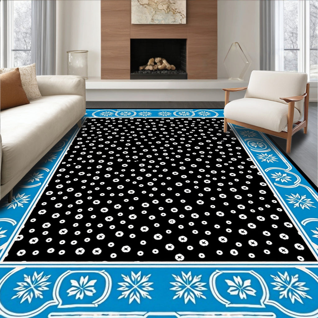 Blue White Floral Border Dots Rug