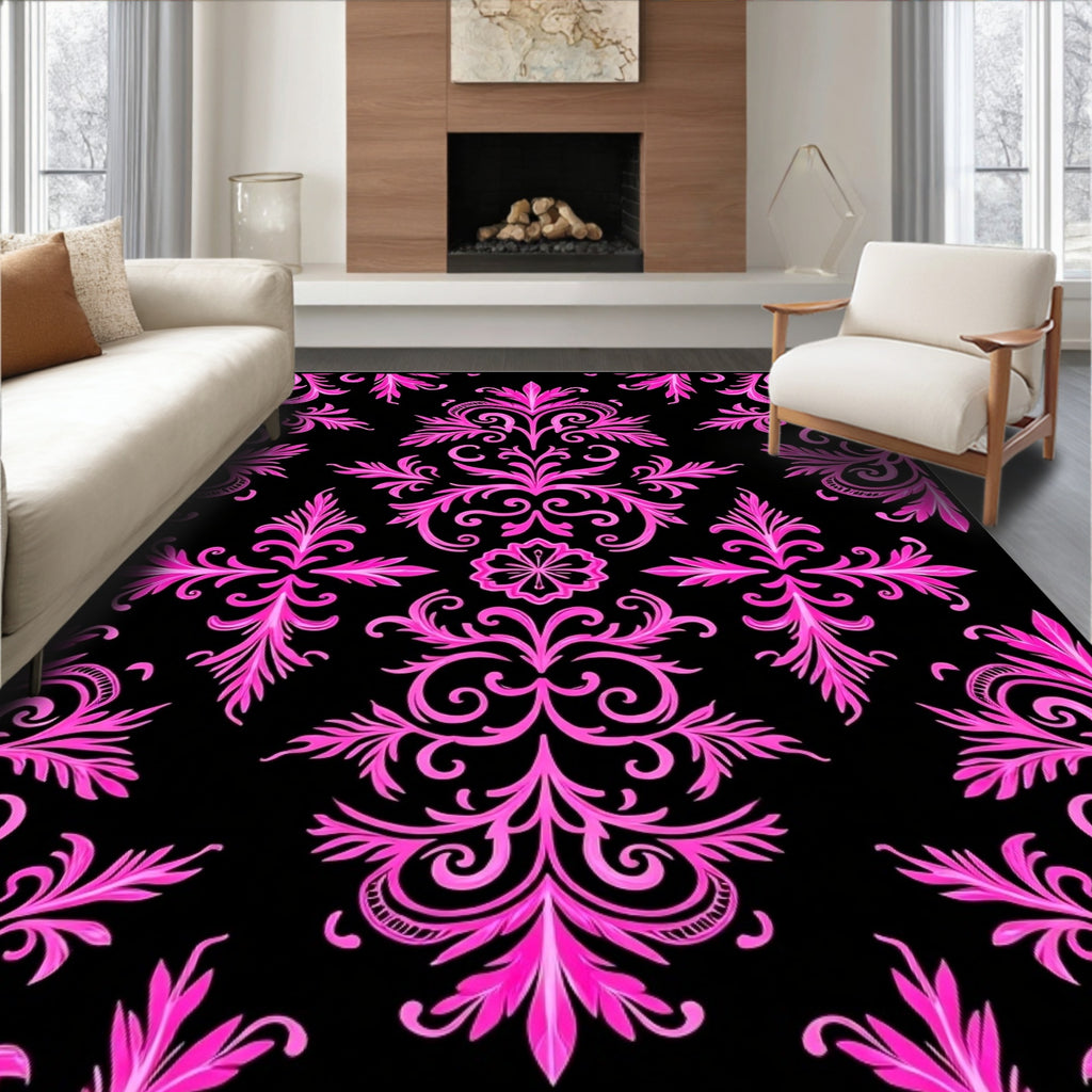 Vibrant Pink Baroque Swirl Black Rug