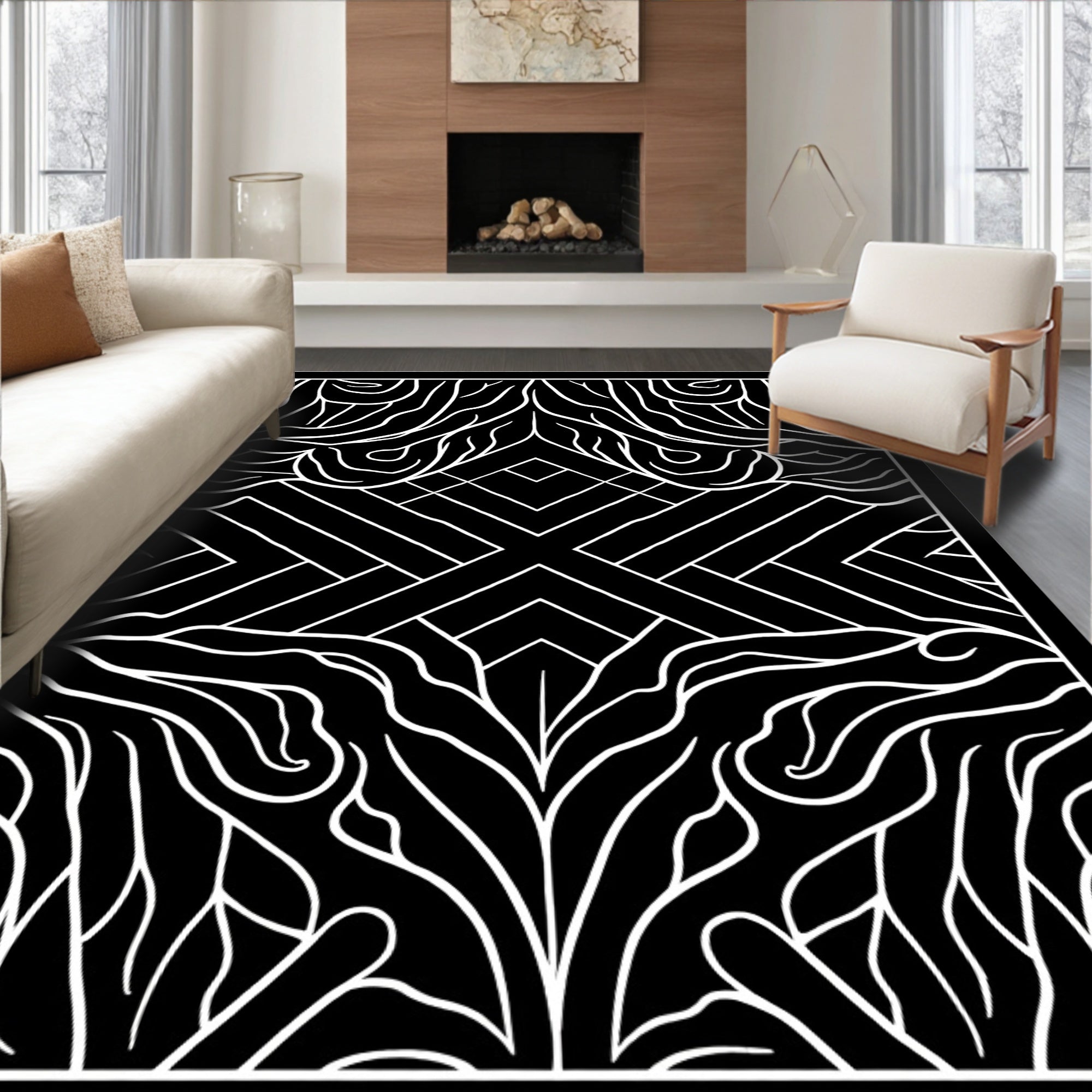 Bold Black White Abstract Organic Rug