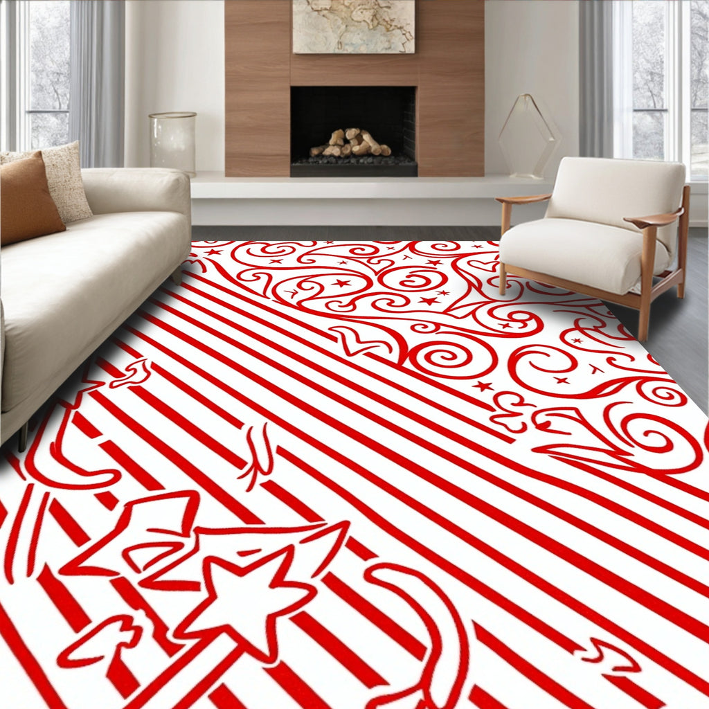 Whimsical Red Swirl Star Design Rug