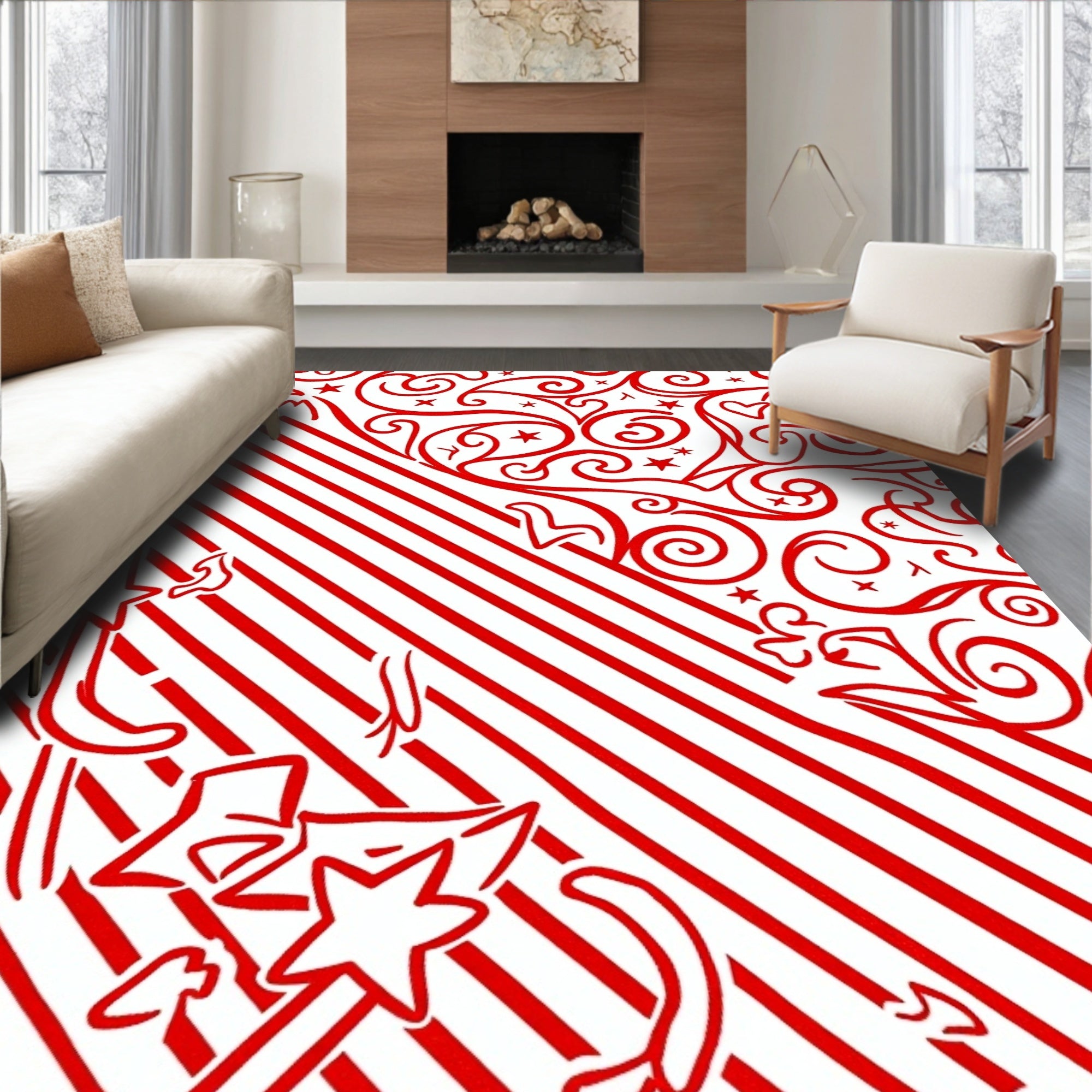 Whimsical Red Swirl Star Design Rug