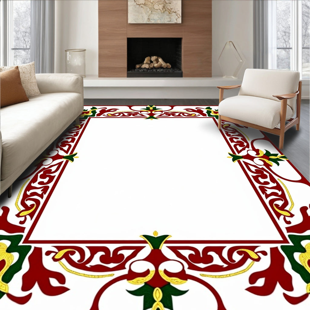 Ornate Crimson Emerald Gold Floral Frame Rug