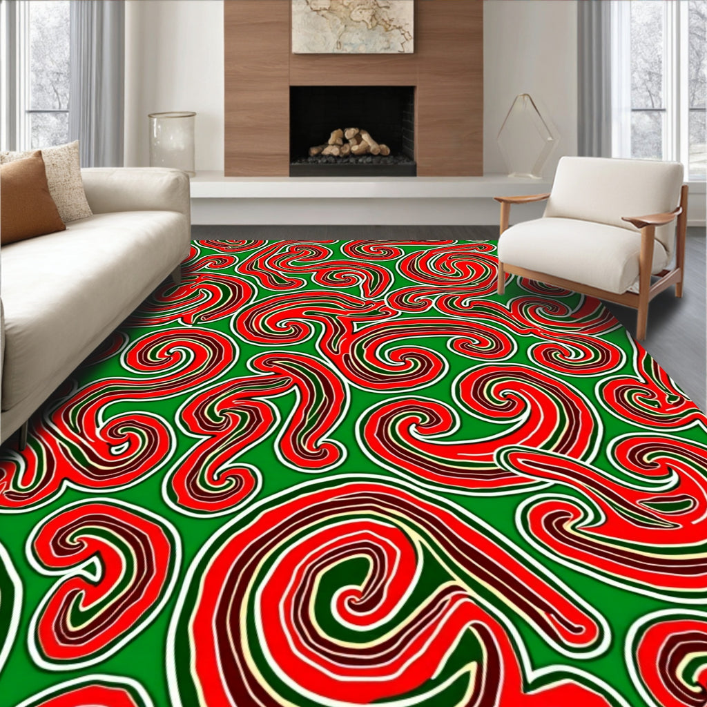 Crimson Swirls on Green Background Rug
