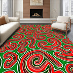 Crimson Swirls on Green Background Rug