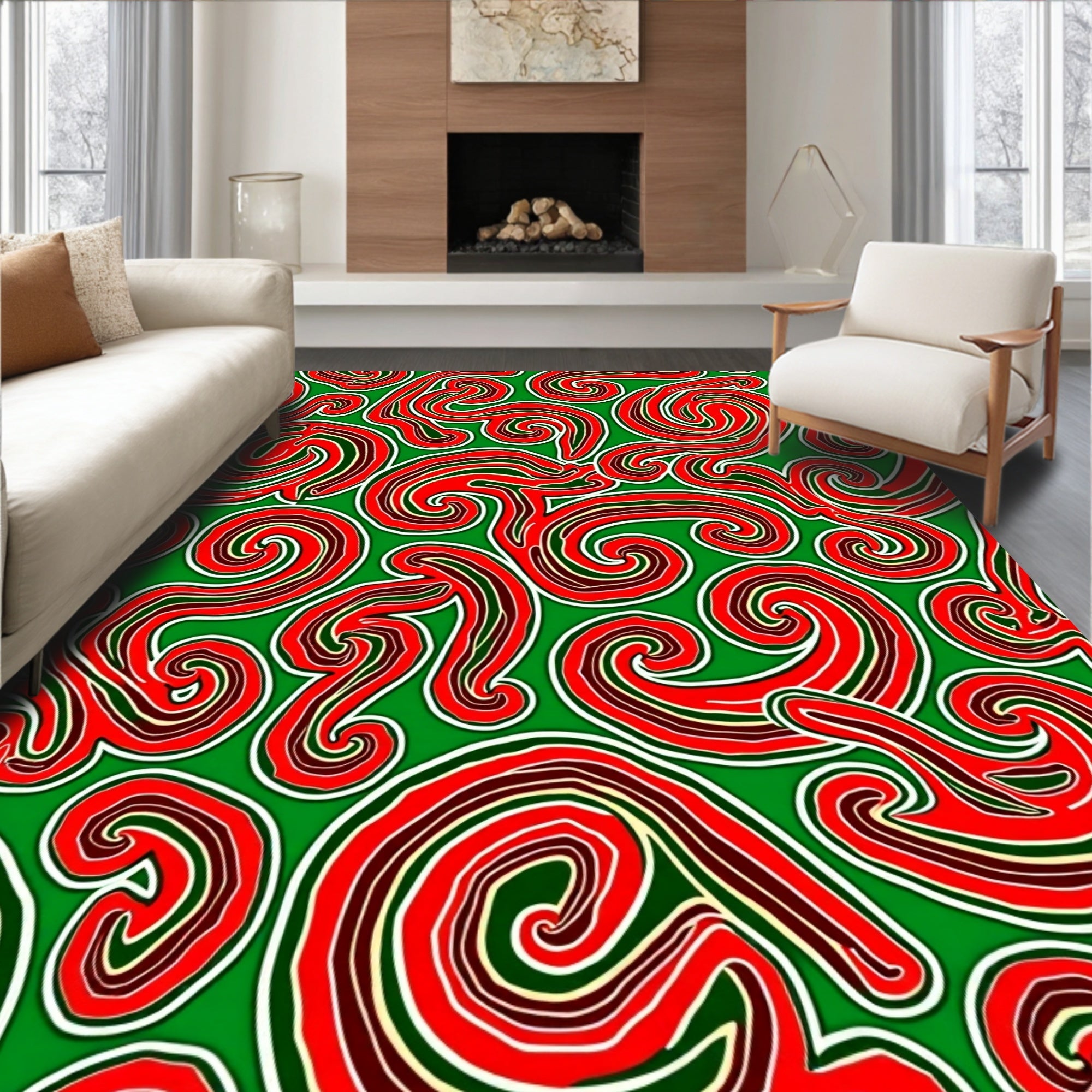 Crimson Swirls on Green Background Rug