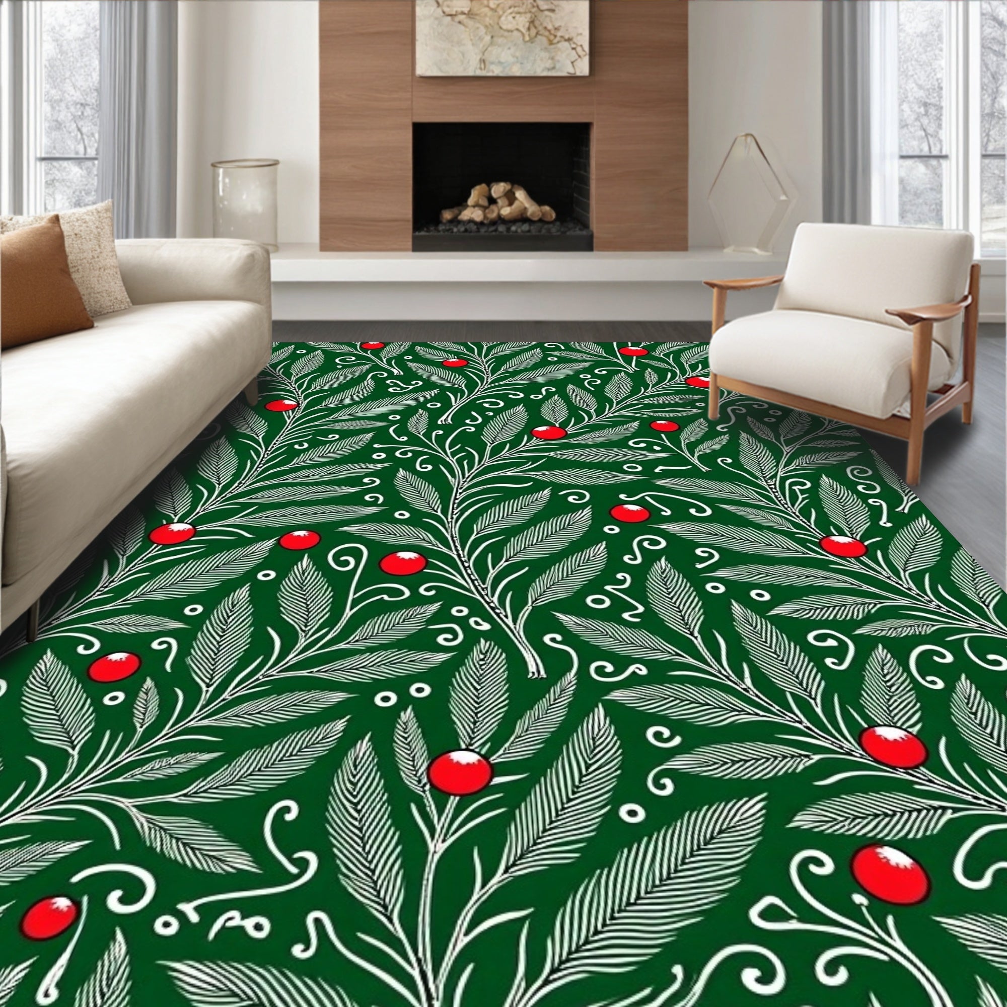 Emerald Green Holly Berry Foliage Rug