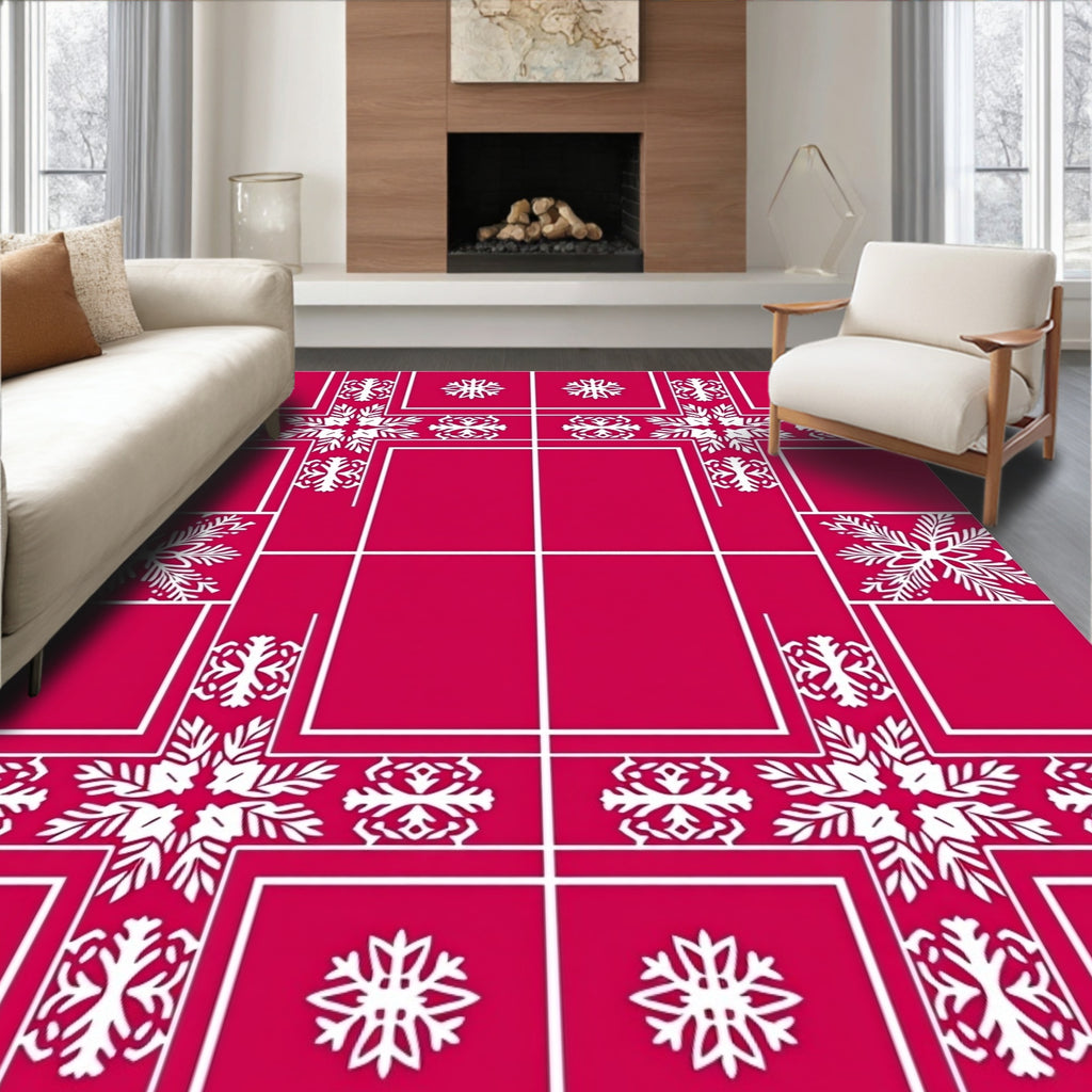 Crimson Snowflake Border Grid Rug
