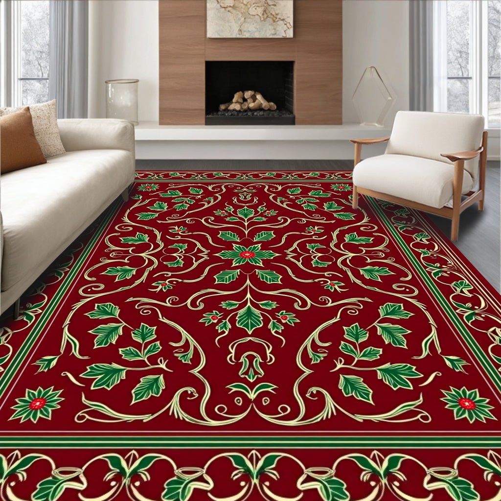 Crimson Green Holly Vine Medallion Rug