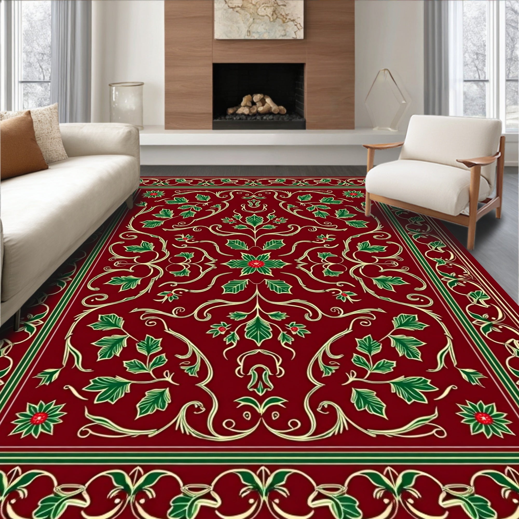 Crimson Green Holly Vine Medallion Rug
