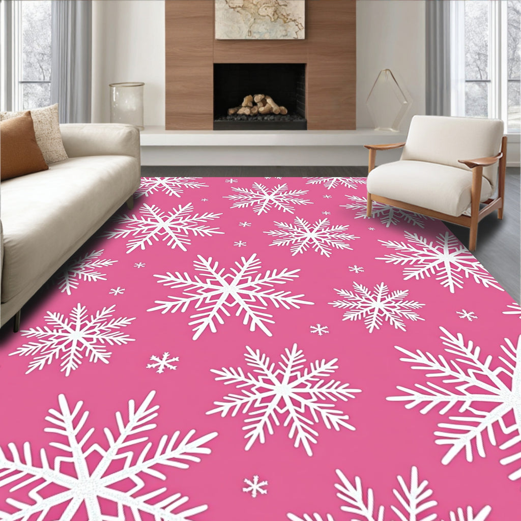 White Snowflakes on Pink Background Rug