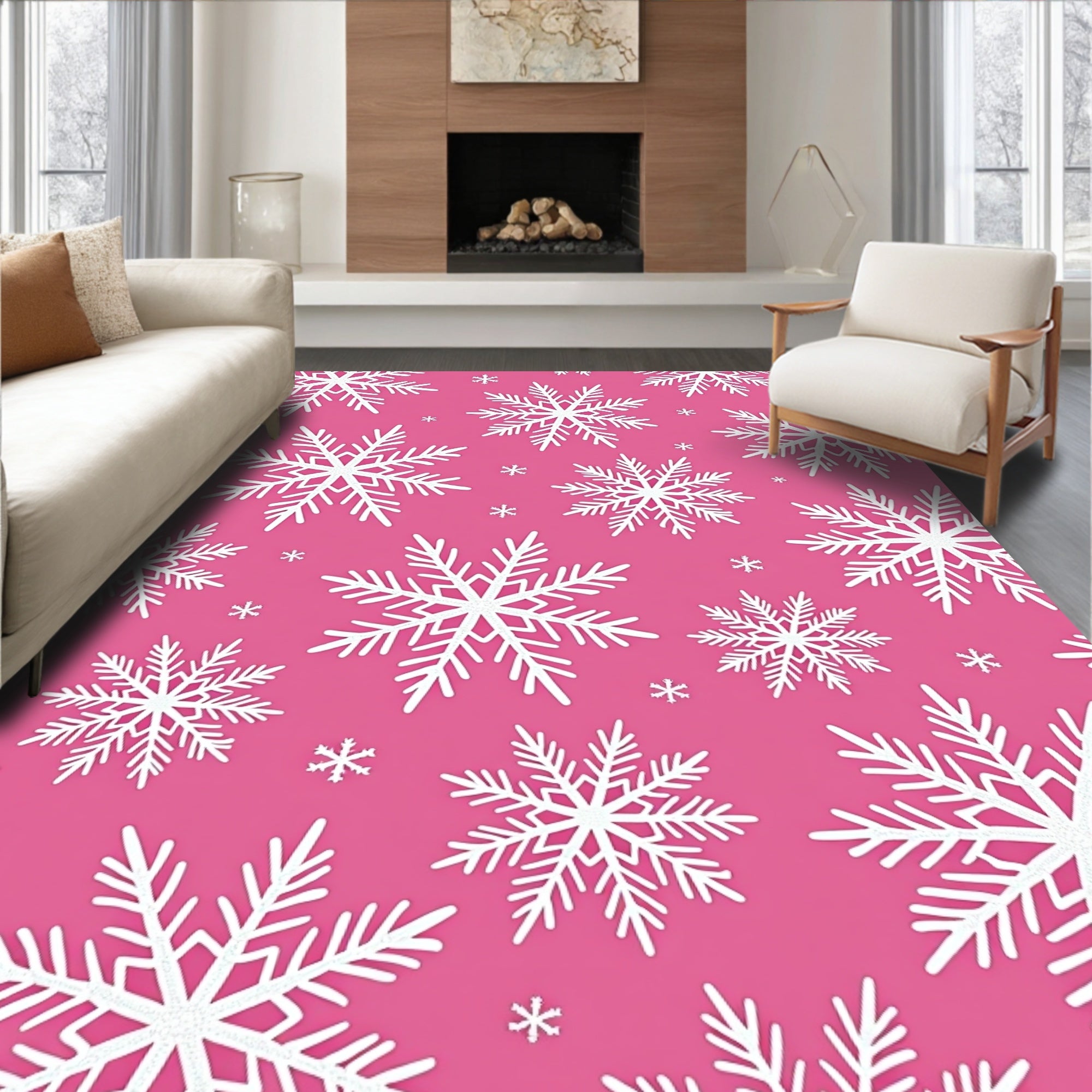 White Snowflakes on Pink Background Rug