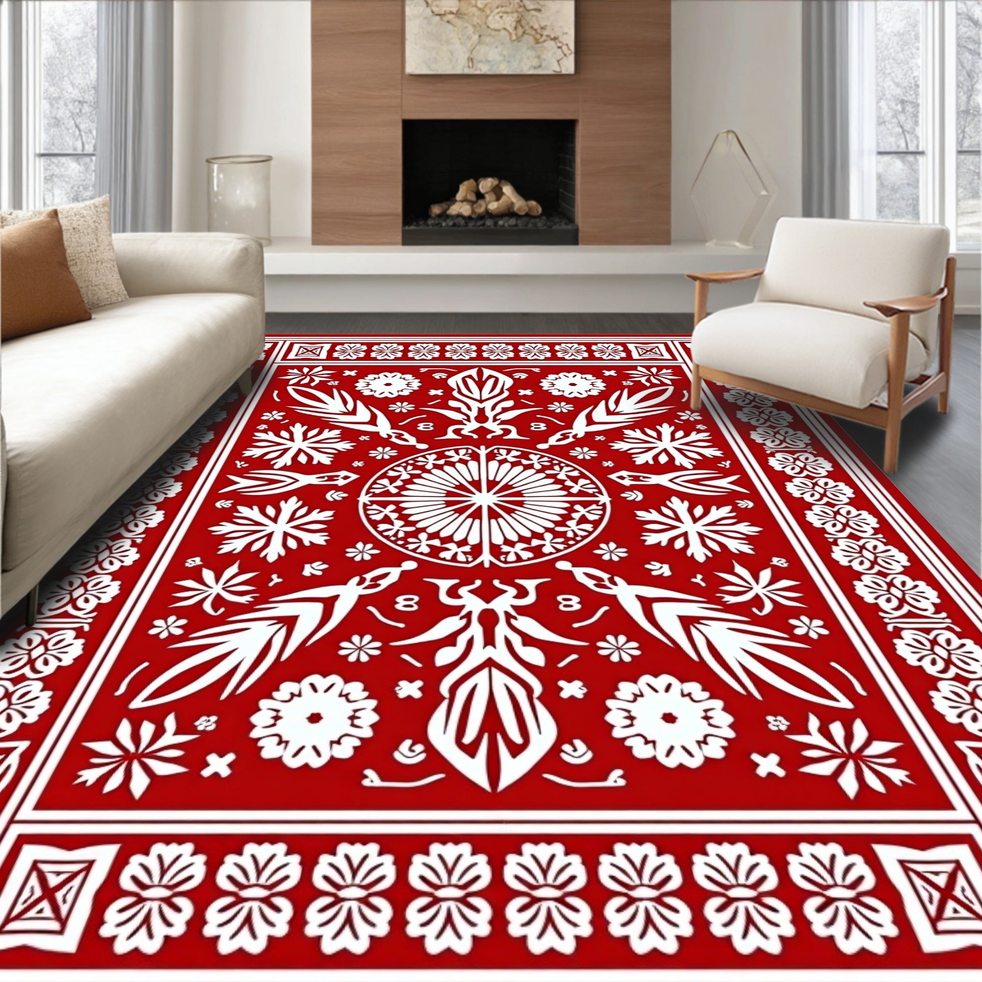 Scarlet White Botanical Garden Medallion Rug