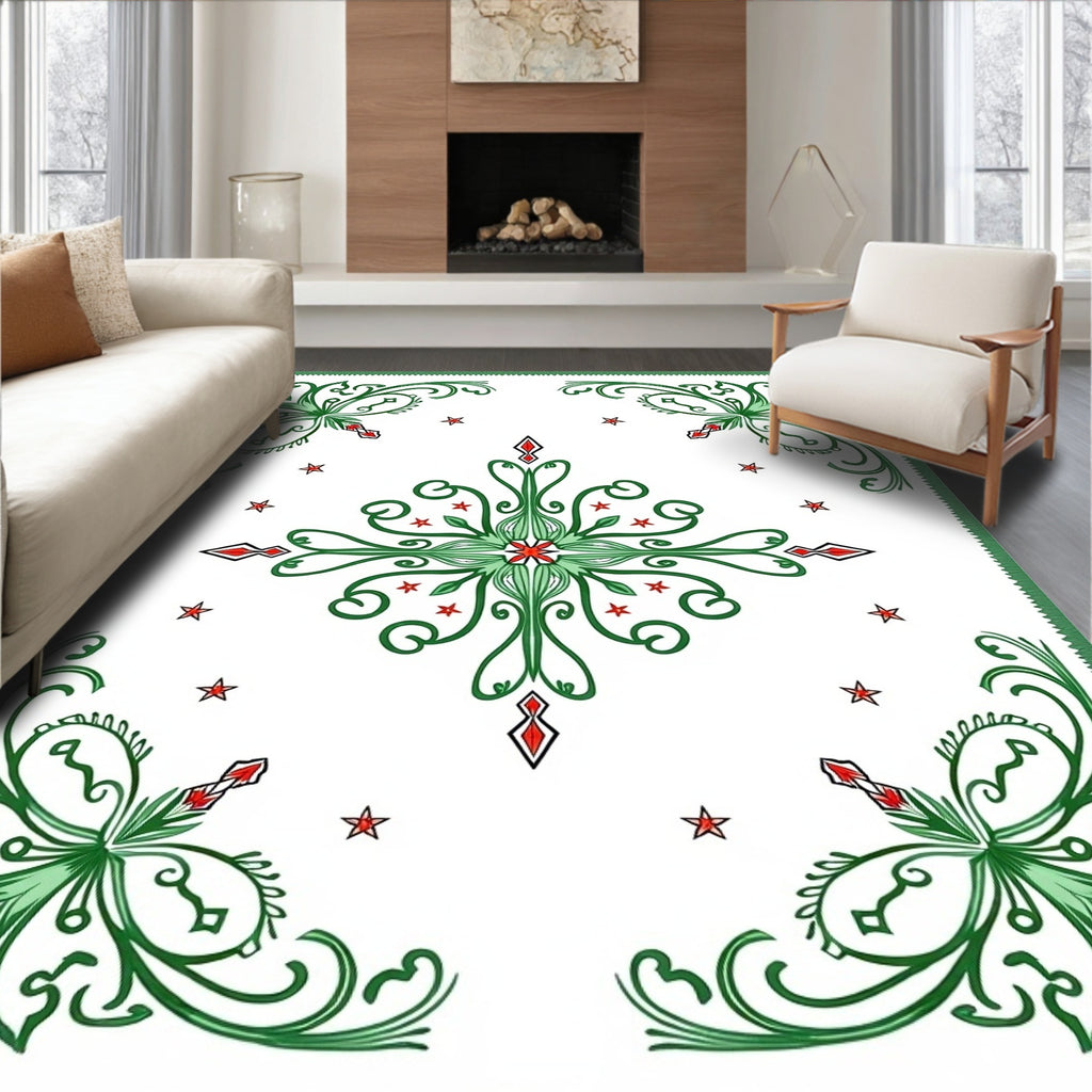 Green White Red Starburst Floral Rug