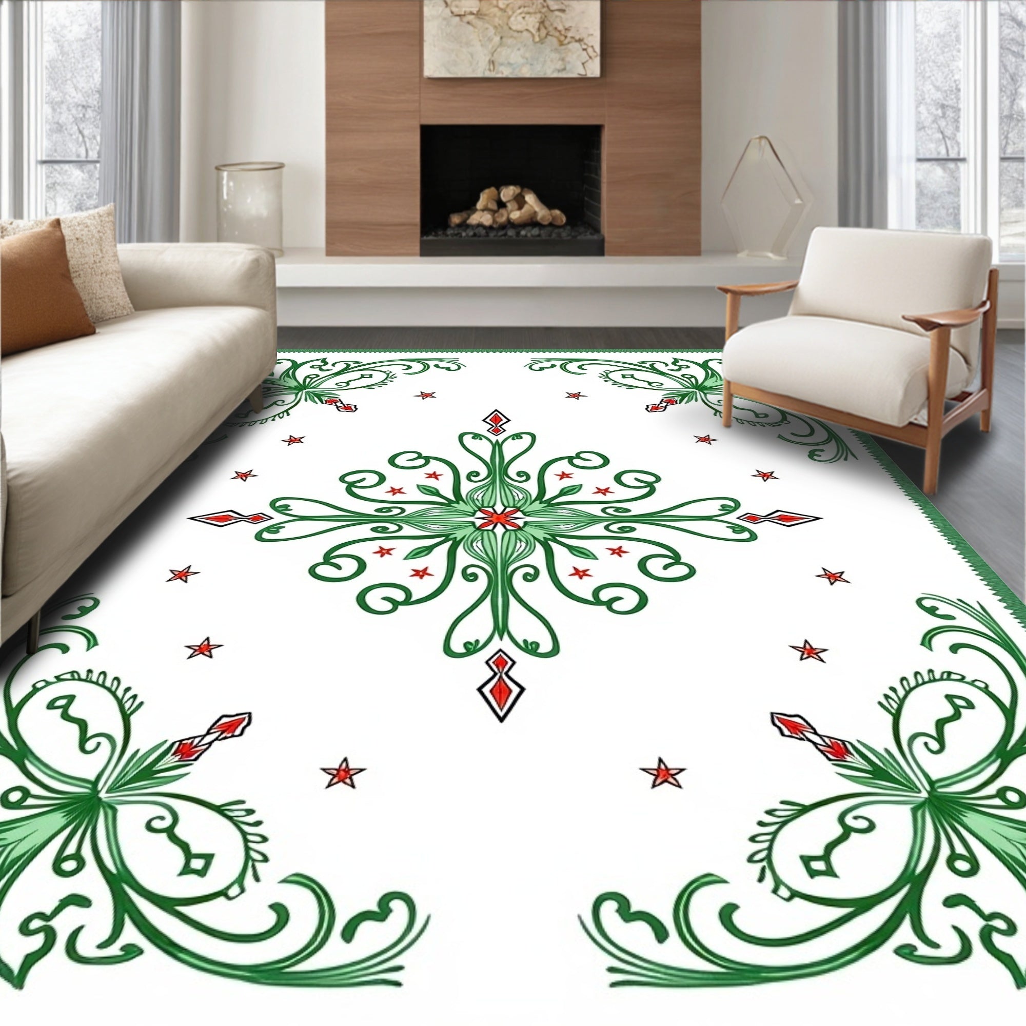 Green White Red Starburst Floral Rug
